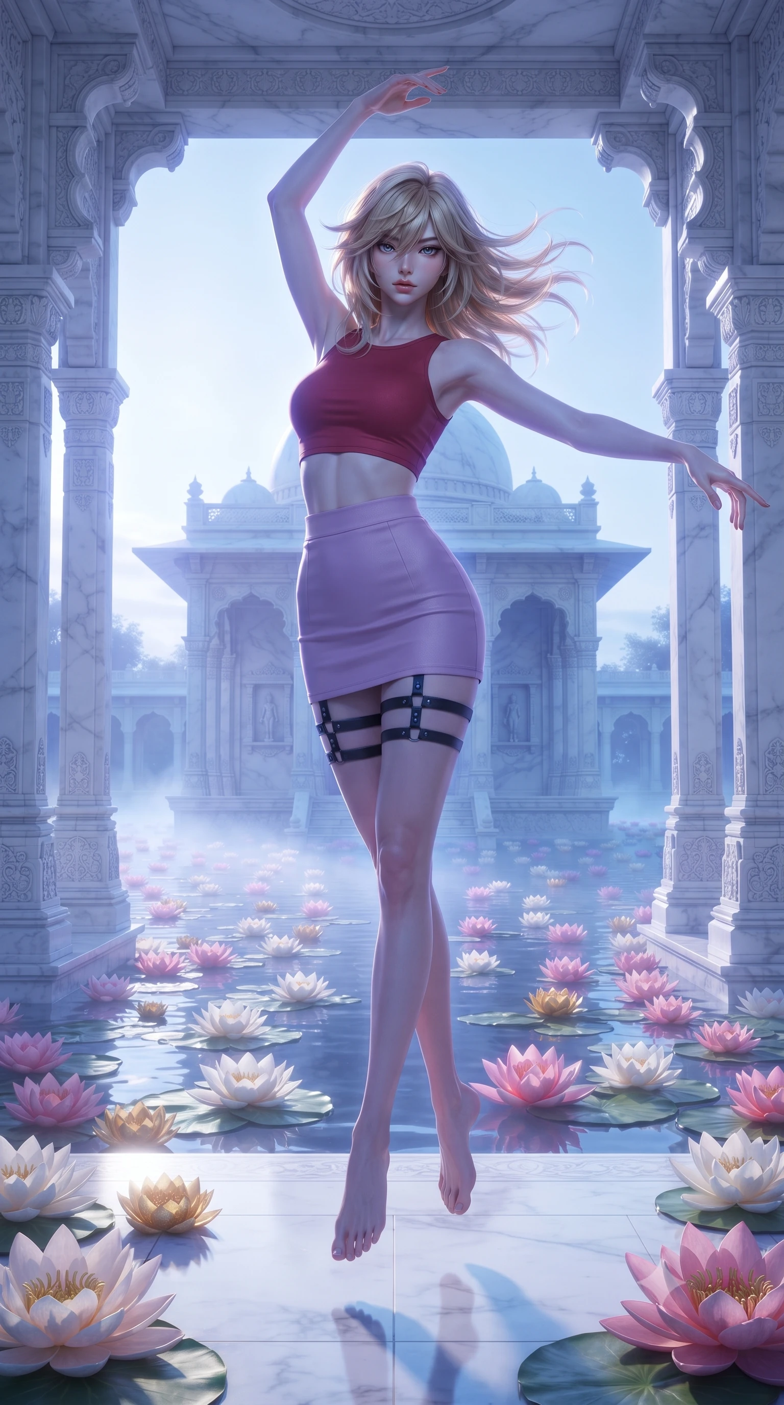score_9, masterpiece, best quality, ultra-detailed, high-budget anime keyframe, editorial fashion photography, tasteful artistic composition, Japanese woman. low angle full-body shot from head to toe showing her feet, filling the entire 9:16 vertical frame with her statuesque presence, stretching her vertical silhouette. pirouetting mid-air inside a serene white marble temple in the center of a vast lake completely covered in blooming lotus flowers in pink white and gold their petals open to the morning sun with mist hovering just above the flower carpet. She has a statuesque 8.5-heads proportion, an exceptionally tall, slender and willowy model-like build with impossibly long legs and a highly sculpted ultra-slim waist. sharp v-shaped jawline, high-bridge nose, intricate jewel-like eyes with depth, thick eyelashes, glossy lips with a natural sheen. wearing a matte crimson crop top paired with matching high-waist lavender mini skirt and black leather thigh straps. cool ethereal blue-violet bioluminescent glow wrapping around her from all sides. 2k, ultra detail, master piece, 9:16 ratio