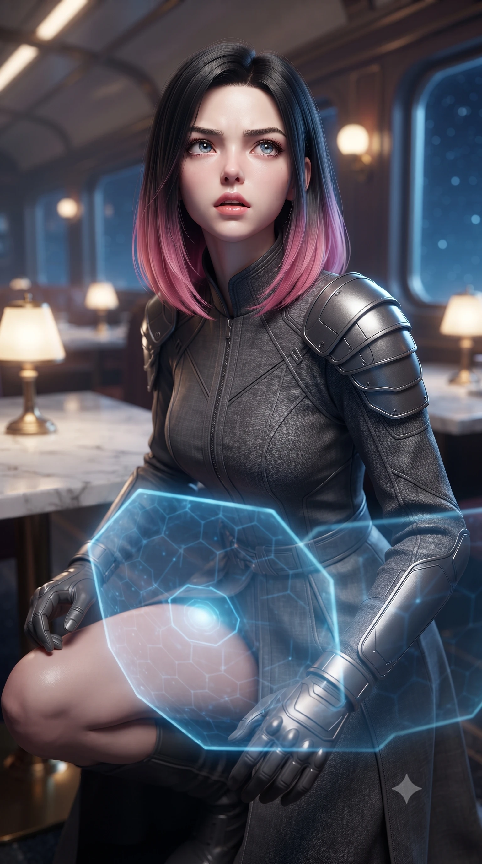 score_9, masterpiece, best quality, ultra-detailed, high-budget anime keyframe, editorial fashion photography, tasteful artistic composition, Korean woman. close-up cowboy shot from the waist and thighs up, the character dominates the composition, filling the frame with her large presence, background elements kept in soft focus. crouching slightly behind a glowing holographic shield emitter, looking up with defiance and lips slightly parted, the background shows a soft-focus a train dining car with marble tables, brass lamps, and large windows. She has an exceptionally elegant, slender, and willowy female figure with an ultra-slim waist, a gracefully sculpted slender torso, and a refined silhouette. sharp v-shaped jawline, high-bridge nose, intricate jewel-like eyes with depth, thick eyelashes, glossy lips with a natural sheen. wearing a slim-fit neo-gothic space defender robe in dark grey linen, featuring structured shoulder pauldrons and matching combat gloves. warm glowing table lamps contrasting with cool blue starlight outside. ultra-reflective glossy finish, specular highlights, metallic sheen, high-contrast stereoscopic depth, volumetric dynamic lighting, 2k, ultra detail, master piece, 9:16 ratio