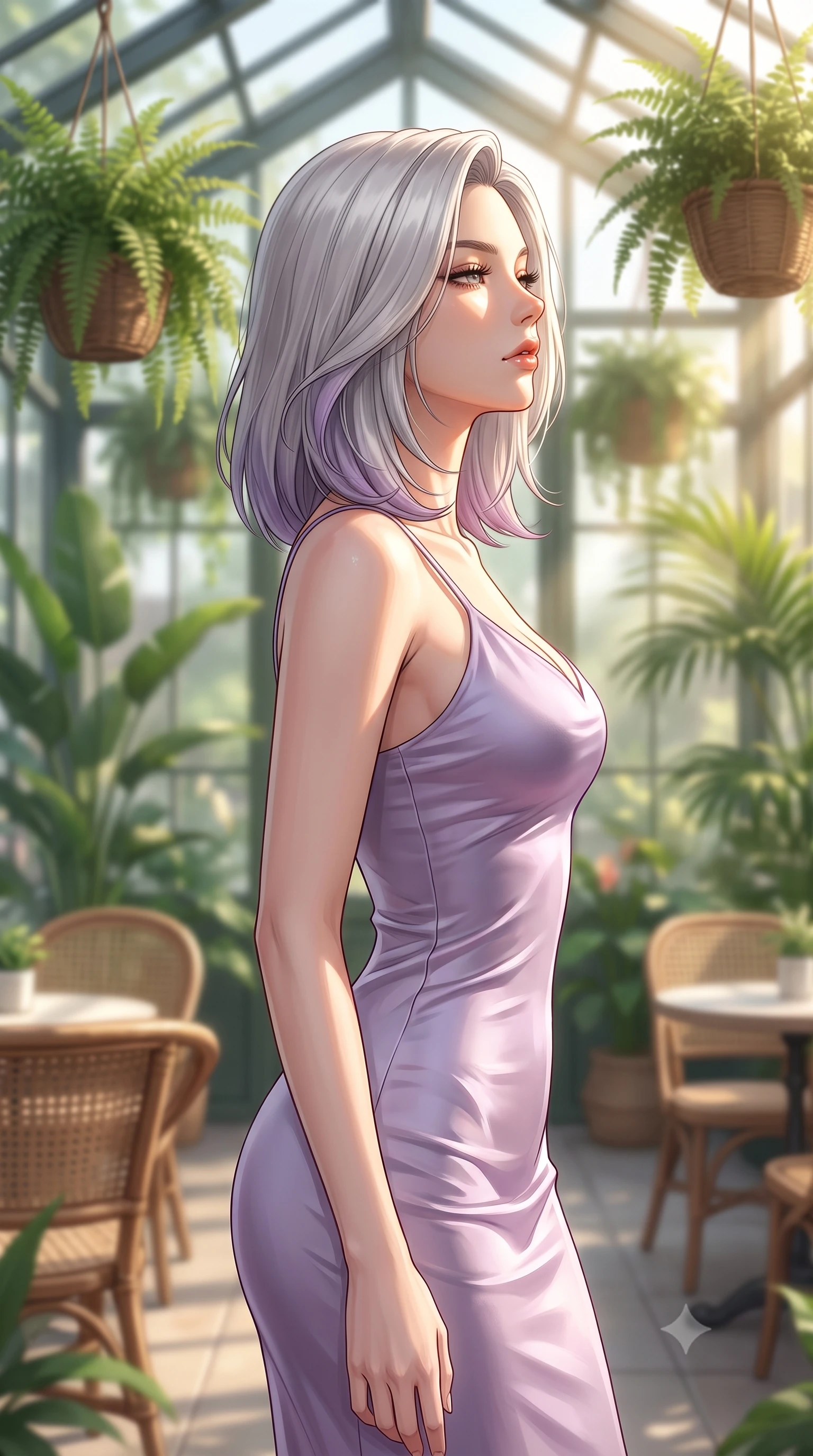 score_9, masterpiece, best quality, ultra-detailed, high-budget anime keyframe, editorial fashion photography, tasteful artistic composition, Caucasian woman woman. close-up cowboy shot from the waist and thighs up, the character dominates the composition, filling the frame with her large presence, background elements kept in soft focus. turning her face in profile to catch the warm sunlight on her cheek, eyes softly closed the background shows a soft-focus a café situated inside a renovated glass greenhouse, with hanging plant baskets and rattan chairs. She has an exceptionally elegant, slender, and willowy female figure with an ultra-slim waist, a gracefully sculpted slender torso, and a refined silhouette. sharp v-shaped jawline, high-bridge nose, intricate jewel-like eyes with depth, thick eyelashes, glossy lips with a natural sheen. wearing a tailored form-fitting slip dress in soft lavender satin, tracing her willowy silhouette. bright afternoon sun rays illuminating the entire green space. 2k, ultra detail, master piece, 9:16 ratio