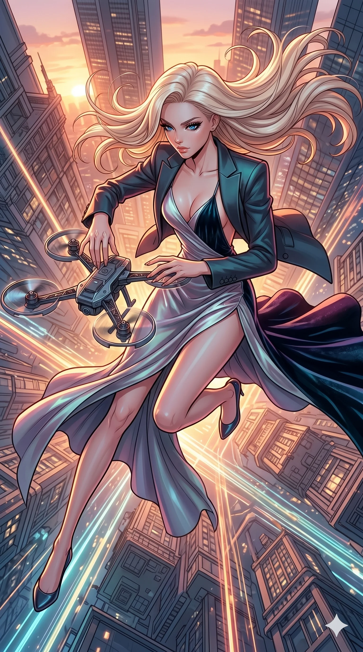 score_9, masterpiece, best quality, ultra-detailed, high-budget anime movie keyframe, cinematic anime lighting, intricate line art, Korean woman. Extreme high angle shot as she leaps towards the camera, filling the frame. reparing a drone's wings as it hovers in front of her. She has an absolutely perfect 8-heads proportion, an exceptionally tall and slender female figure with an ultra-slim waist and impossibly long slender legs. strictly human anatomy, two legs only, no extra limbs, clearly defined legs and arms, perfect anatomy, perfect hands and fingers. sharp v-shaped jawline, high-bridge nose, intricate jewel-like eyes, thick eyelashes, glossy lips. Wearing High-Fashion Editorial: Silk slip dress with high side slit, backless velvet gown, and structured blazer with nothing underneath. The scene is illuminated by dramatic atmospheric lighting and vibrant color palettes. , 2k, ultra detail, master piece, 9:16 ratio