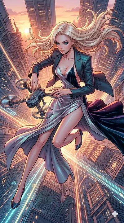 score_9, masterpiece, best quality, ultra-detailed, high-budget anime movie keyframe, cinematic anime lighting, intricate line art, Korean woman. Extreme high angle shot as she leaps towards the camera, filling the frame. reparing a drone's wings as 