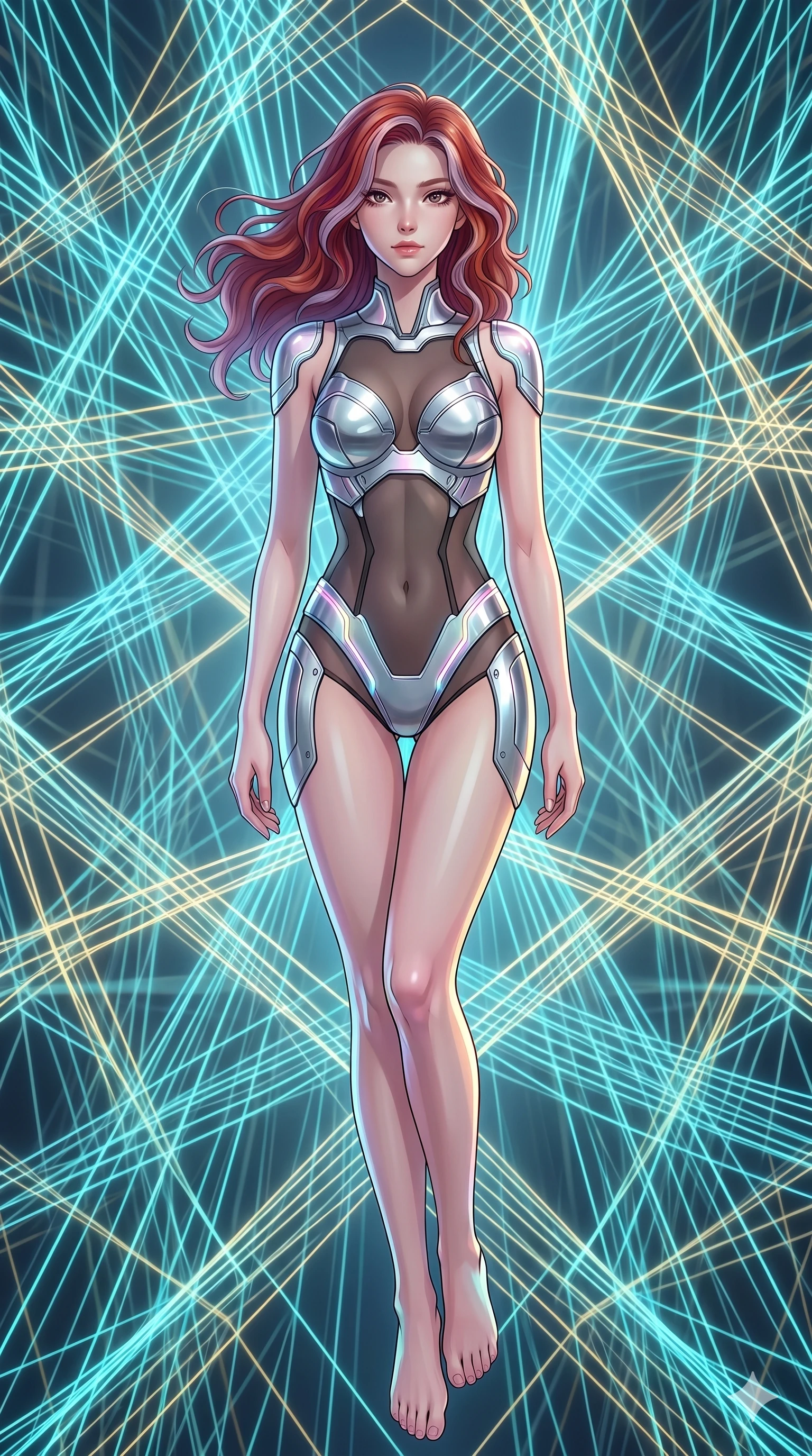 score_9, masterpiece, best quality, ultra-detailed, high-budget anime keyframe, Caucasian woman, strictly human ears. upper body close-up from the thighs up, character filling the screen for maximum presence. floating suspended in an ethereal loom room where millions of luminescent cyan and gold threads intersect and weave geometric patterns. She has an absolutely perfect 8-heads proportion, an exceptionally tall and slender female figure with impossibly long slender legs and an ultra-slim waist. V-shaped jawline, high-bridge nose, intricate jewel-like eyes with depth, thick eyelashes, glossy lips with a natural sheen.. wearing a bionic chrome plate bodysuit, featuring silver chrome plates covering the bust and hips, connected by sheer black mesh panels. enhanced by a luminous pastel spectrum glow, casting elegant rim lights on her shoulders and jawline. 2k, ultra detail, master piece, 9:16 ratio