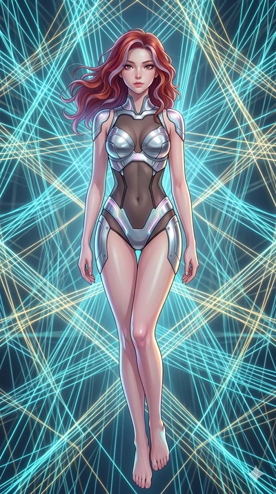 score_9, masterpiece, best quality, ultra-detailed, high-budget anime keyframe, Caucasian woman, strictly human ears. upper body close-up from the thighs up, character filling the screen for maximum presence. floating suspended in an ethereal loom ro