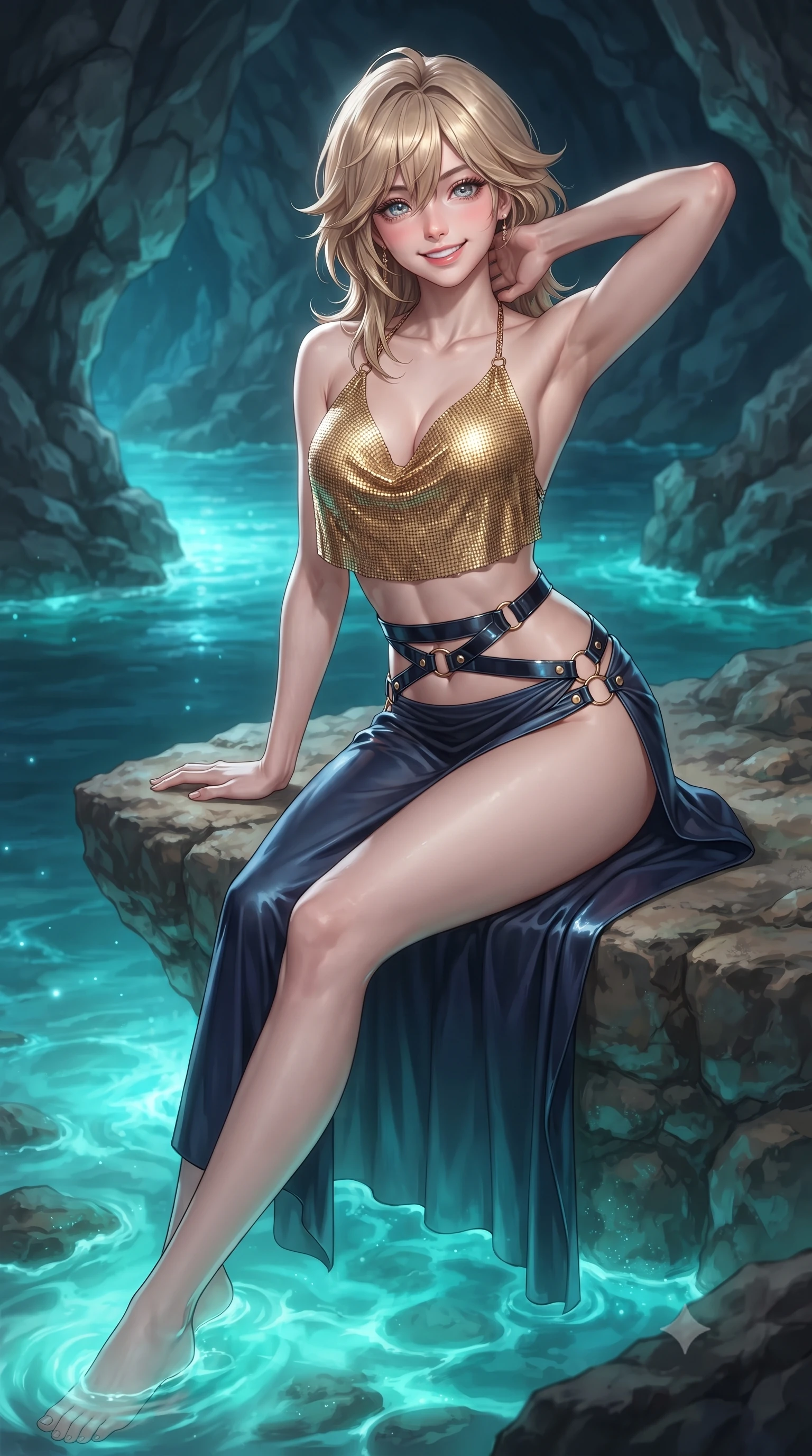 score_9, masterpiece, best quality, ultra-detailed, high-budget anime keyframe, editorial fashion photography, tasteful artistic composition, Japanese woman. close-up cowboy shot from the waist and thighs up, the character dominates the composition, filling the frame with her large presence. resting both hands lightly behind her neck with elbows raised, arching her spine to highlight her narrow waist, flat midriff, and breathtaking collarbones while sitting gracefully on the natural stone shelf propped on one hand, her long slender legs trailing in the illuminated turquoise tide. The surrounding environment is rendered in vivid detail and crisp panoramic clarity: detailed wet-look vinyl bustier cling, gold chain draping, and geological rock relief in high resolution. She has an exceptionally elegant, slender, and willowy female figure with an ultra-slim waist, flat toned midriff, narrow ribcage, and sculpted feminine hips creating an alluring, slim hourglass silhouette without bulk. sharp v-shaped jawline, high-bridge nose, intricate jewel-like sparkling eyes with depth, thick eyelashes, glossy parted lips with a natural peach sheen, bright cheerful beaming smile with an enchanting and coquettish sensual glint, exuding both youthful cute charm and seductive allure, flawlessly proportioned anatomical accuracy, strict slender model proportions, natural body alignment, perfectly sculpted long slender limbs, ultra-slim waistline, clean dynamic posture without body distortion. wearing a shimmering liquid gold chainmail halter cowl top paired with a draped high-slit silk maxi skirt and waist harness in deep midnight navy and liquid starlight chrome, crafted from high-tensile reflective patent leather with sleek specular highlights, finished with fine gold ring clasps securing the daring side openings along her hip line, the form-contouring silhouette accentuating her sculpted flat midriff, narrow delicate ribcage, and gracefully curvy hips with intoxicating allure. bathed in ethereal bioluminescent cyan-teal glow radiating from the sea water mixed with cool silver moonlight. ultra-reflective glossy finish, specular highlights, rich textural contrasts, high-contrast stereoscopic depth, volumetric dynamic lighting, 2k, ultra detail, master piece, 9:16 ratio