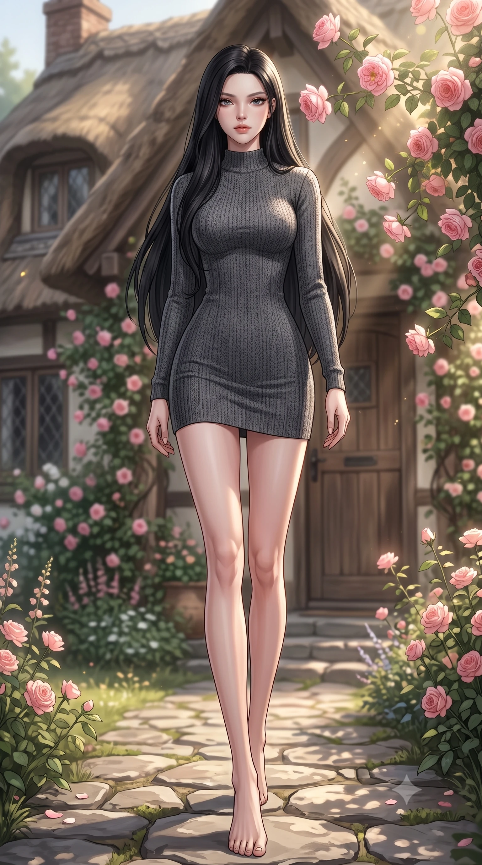 score_9, masterpiece, best quality, ultra-detailed, high-budget anime keyframe, editorial fashion photography, tasteful artistic composition, Korean woman woman. low angle full-body shot from head to toe showing her feet, filling the entire 9:16 vertical frame with her statuesque presence, stretching her vertical silhouette. stepping gracefully across a stone path in the garden the background shows a soft-focus the front porch of a charming thatched-roof cottage covered in climbing pink roses. She has an absolutely perfect, statuesque 8.5-heads proportion, an exceptionally tall and slender model-like female figure with impossibly long slender legs and an ultra-slim waist. sharp v-shaped jawline, high-bridge nose, intricate jewel-like eyes with depth, thick eyelashes, glossy lips with a natural sheen. wearing a body-hugging form-contouring bodycon sweater dress in charcoal grey, featuring a tight mock-neck. warm morning sunbeams highlighting the rustic wooden door and flowers. 2k, ultra detail, master piece, 9:16 ratio