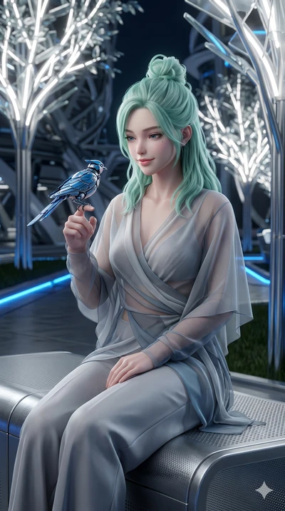 score_9, masterpiece, best quality, ultra-detailed, high-budget anime keyframe, semi-realistic 3D game render, Japanese woman. Upper body close-up from the thighs up, character filling the screen for maximum presence. Seated on a metallic bench in a 