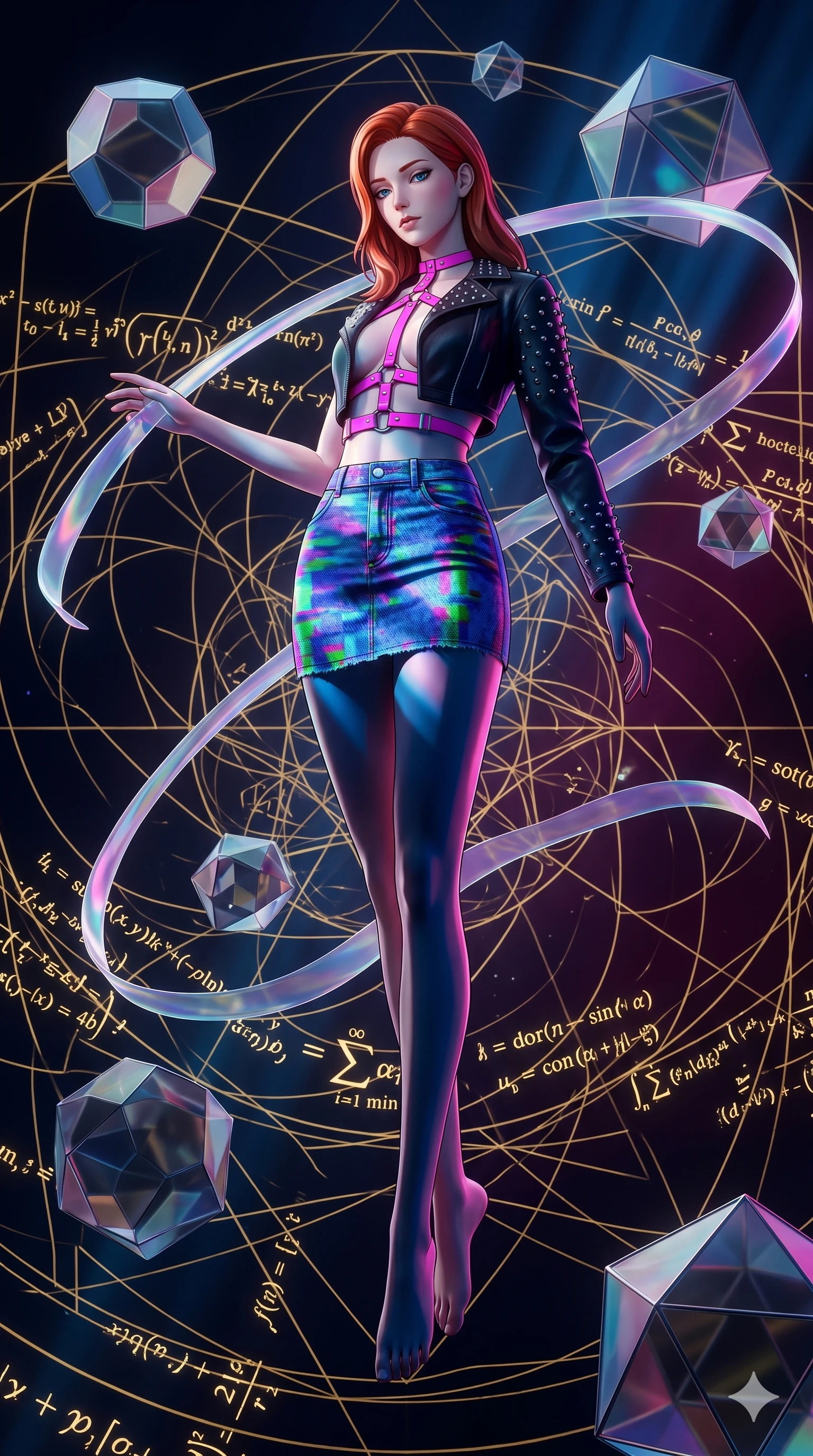 score_9, masterpiece, best quality, ultra-detailed, high-budget anime keyframe, Caucasian woman, strictly human ears. low angle full-body shot filling the entire 9:16 frame with her statuesque presence, stretching the vertical silhouette. floating gracefully in a mathematical mandala void filled with golden geometric lines of complex formulas, holding a translucent ribbon as she glides between floating regular polyhedrons. She has an absolutely perfect 8-heads proportion, an exceptionally tall and slender female figure with impossibly long slender legs and an ultra-slim waist. V-shaped jawline, high-bridge nose, intricate jewel-like eyes with depth, thick eyelashes, glossy lips with a natural sheen.. wearing a glitch denim and studded leather outfit, featuring an RGB glitch pattern denim micro-skirt, a single-sleeve cropped leather jacket, and neon pink harness straps. accented by dynamic color-blocked lighting with high-contrast shadows emphasizing her statuesque height. 2k, ultra detail, master piece, 9:16 ratio