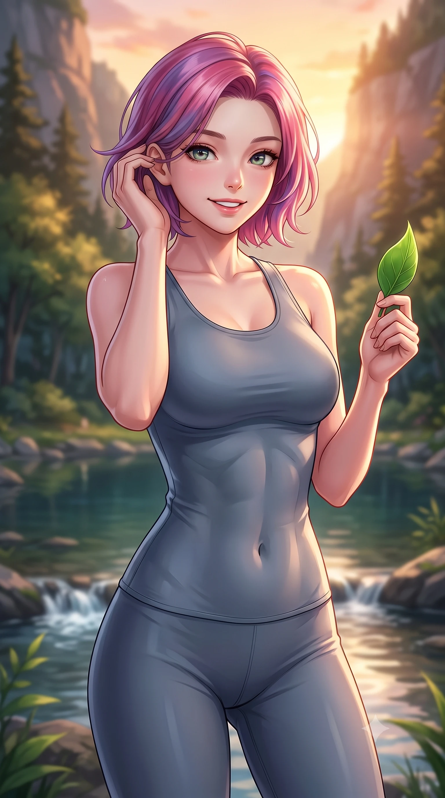 score_9, masterpiece, best quality, ultra-detailed, high-budget anime keyframe, editorial fashion photography, tasteful artistic composition, Caucasian woman. close-up cowboy shot from the waist and thighs up, the character dominates the composition, filling the frame with her large presence, background elements kept in soft focus. smiling cutely while gently brushing a strand of hair behind her ear set against a soft-focus background of next to a quiet forest pond fed by a cold mountain stream holding a smooth green leaf with a happy, refreshed expression. She has an exceptionally elegant, slender, and willowy female figure with an ultra-slim waist, a gracefully sculpted slender torso, and a refined silhouette. sharp v-shaped jawline, high-bridge nose, intricate jewel-like eyes with depth, thick eyelashes, glossy lips with a natural sheen. wearing body-hugging form-fitting activewear top in slate grey, outlining her slender torso. golden hour sunset light slicing through the valley gorge in warm rays. highly saturated vibrant anime colors, detailed shading with soft gradients, rich glossy textures, high-contrast stereoscopic depth, volumetric dynamic lighting, master piece, 9:16 ratio