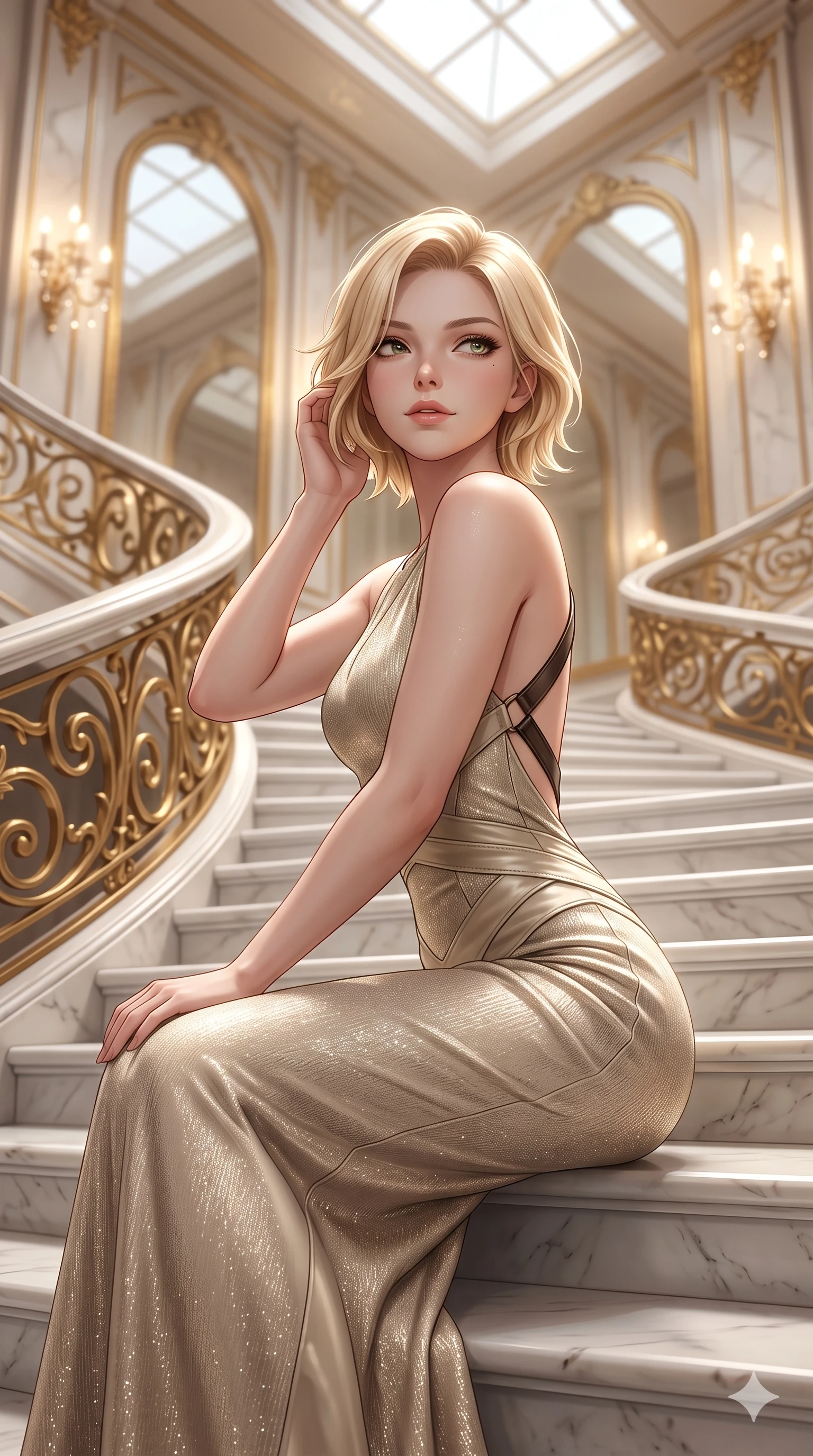 score_9, masterpiece, best quality, ultra-detailed, high-budget anime keyframe, semi-realistic 3D game render, editorial fashion photography, tasteful artistic composition, Caucasian woman. close-up cowboy shot from the waist and thighs up, the character dominates the composition, filling the frame with her large presence. gently brushing a lock of hair behind her ear while casting a playful, flirtatious side-gaze with long eyelashes while sitting poised on the polished Carrara marble steps with one knee bent, arching her spine with supermodel elegance as she glances upward through thick eyelashes. The background shows a soft-focus sweeping curved white marble stairs, monumental gilded bronze banister scrollwork, and towering arched palace mirrors blurred into alabaster, gold, and champagne bokeh. She has an exceptionally elegant, slender, and willowy female figure with an ultra-slim waist, flat toned midriff, narrow ribcage, and sculpted feminine hips creating an alluring, slim hourglass silhouette without bulk. sharp v-shaped jawline, high-bridge nose, intricate jewel-like sparkling eyes with depth, thick eyelashes, glossy parted lips with a natural sheen, intensely captivating and seductive bedroom-eyes expression, exuding both youthful cute charm and sovereign luxury allure, flawlessly proportioned anatomical accuracy, strict slender model proportions, natural body alignment, perfectly sculpted long slender limbs, ultra-slim waistline, clean dynamic posture without body distortion. wearing a body-contouring metallic lurex knit column dress casting radiant starlight shimmer across her flat midriff in Istrian stone cream and antique gold-leaf, woven from buttery-soft stretch lambskin leather adhering to her body like a second skin, featuring an open-back criss-cross harness strap in dark leather, the bespoke structured tailoring following the natural line of her 8.5-heads silhouette with refined elegance. bathed in the warm luminous glow of crystal wall sconces and grand overhead skylights filtering soft diffuse daylight. highly saturated vibrant anime colors, detailed shading with soft gradients, rich glossy textures, high-contrast stereoscopic depth, volumetric dynamic lighting, master piece, 9:16 ratio