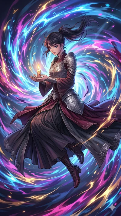high-budget anime movie keyframe, cinematic anime lighting, intricate line art, Korean woman. Mid-air action shot capturing a graceful twist and vertical silhouette. shielding a flickering candle from a hurricane of magical energy. sharp v-shaped jaw