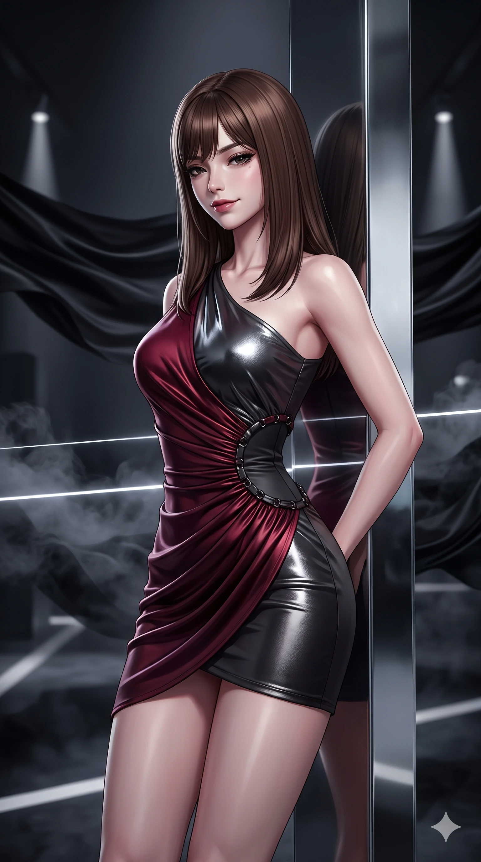 score_9, masterpiece, best quality, ultra-detailed, high-budget anime keyframe, semi-realistic 3D game render, editorial fashion photography, tasteful artistic composition, Korean woman. close-up cowboy shot from the waist and thighs up, the character dominates the composition, filling the frame with her large presence. looking down with lowered lashes and a composed, powerful dark aura, her tailored outfit tracing her curves while leaning back against the mirror-finish gallery pylon with hips cocked back, casting an intoxicating, sultry bedroom-gaze over her shoulder. The background shows a soft-focus undulating black silk fabric waves suspended in mid-air, distant architectural spotlight cones, and white floor lines blurred into smoky charcoal and obsidian bokeh. She has an exceptionally elegant, slender, and willowy female figure with an ultra-slim waist, flat toned midriff, narrow ribcage, and sculpted feminine hips creating an alluring, slim hourglass silhouette without bulk. sharp v-shaped jawline, high-bridge nose, intricate jewel-like dark sparkling eyes with hypnotic seductive depth, thick curled eyelashes, glossy parted lips with a natural wine sheen, alluring bedroom-eyes with an enigmatic smoldering smile, exuding magnetic sovereign charisma and dark avant-garde glamour, flawlessly proportioned anatomical accuracy, strict slender model proportions, natural body alignment, perfectly sculpted long slender limbs, ultra-slim waistline, clean dynamic posture without body distortion. wearing an asymmetric one-shoulder liquid mercury metallic mini dress hugging her narrow waist and curvy hips in deep crimson burgundy and matte charcoal, tailored from soft dark satin with subtle light-absorbing depth, trimmed with dark chrome ring hardware along the waist contours, contouring every curve with an exceptionally elegant silhouette and captivating allure. bathed in razor-thin horizontal white laser sheets slicing through billowing black silk. highly saturated vibrant anime colors, detailed shading with soft gradients, rich glossy textures, high-contrast stereoscopic depth, volumetric dynamic lighting, master piece, 9:16 ratio