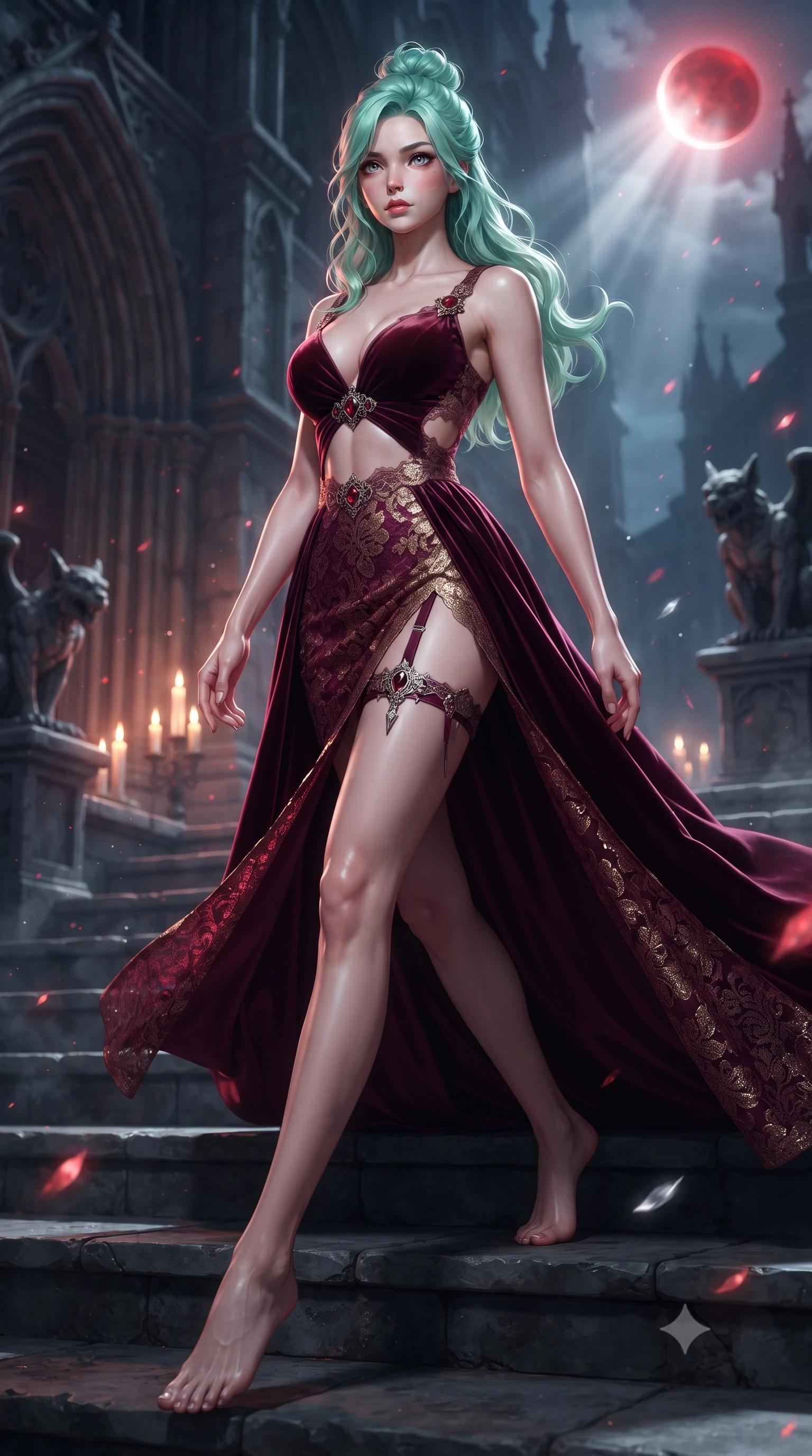 score_9, masterpiece, best quality, ultra-detailed, high-budget anime keyframe, editorial fashion photography, tasteful artistic composition, Japanese woman. low angle full-body shot from head to toe showing her feet, filling the entire 9:16 vertical frame with her statuesque presence, stretching her vertical silhouette. striding forward in a proud, dynamic supermodel runway stride, hips swaying in an alluring kinetic rhythm that stretches her silhouette while descending the cold cathedral steps with fluid supermodel momentum, the night wind fluttering her dark drapery. The composition keeps background elements in soft focus with creamy bokeh. drifting incense smoke and lunar light rays scattering ethereal radiant motes across the stone flags. She has an absolutely perfect, statuesque 8.5-heads proportion, an exceptionally tall and slender model-like female figure with impossibly long slender legs, a toned flat midriff, and an ultra-slim waist. sharp v-shaped jawline, high-bridge nose, intricate jewel-like eyes with depth, thick eyelashes, glossy parted lips with a natural sheen, intensely captivating and seductive expression, flawlessly proportioned anatomical accuracy, strict slender model proportions, natural body alignment, perfectly sculpted long slender limbs, ultra-slim waistline, clean dynamic posture without body distortion. wearing a deep sweetheart neckline velvet ballgown with an exposed midriff cutout framed by ruby clasps in deep royal wine burgundy and liquid gold, formed from shimmering floral lace over smooth opaque silk lining, equipped with a concealed dagger sheath garter under her slit skirt, the form-contouring material adhering flawlessly to her sculpted flat midriff and slender torso, emphasizing her long leg lines and perfectly proportioned willowy build. bathed in surreal blood-red lunar eclipse backlighting and cool silver ambient fill. ultra-reflective glossy finish, specular highlights, rich textural contrasts, high-contrast stereoscopic depth, volumetric dynamic lighting, 2k, ultra detail, master piece, 9:16 ratio