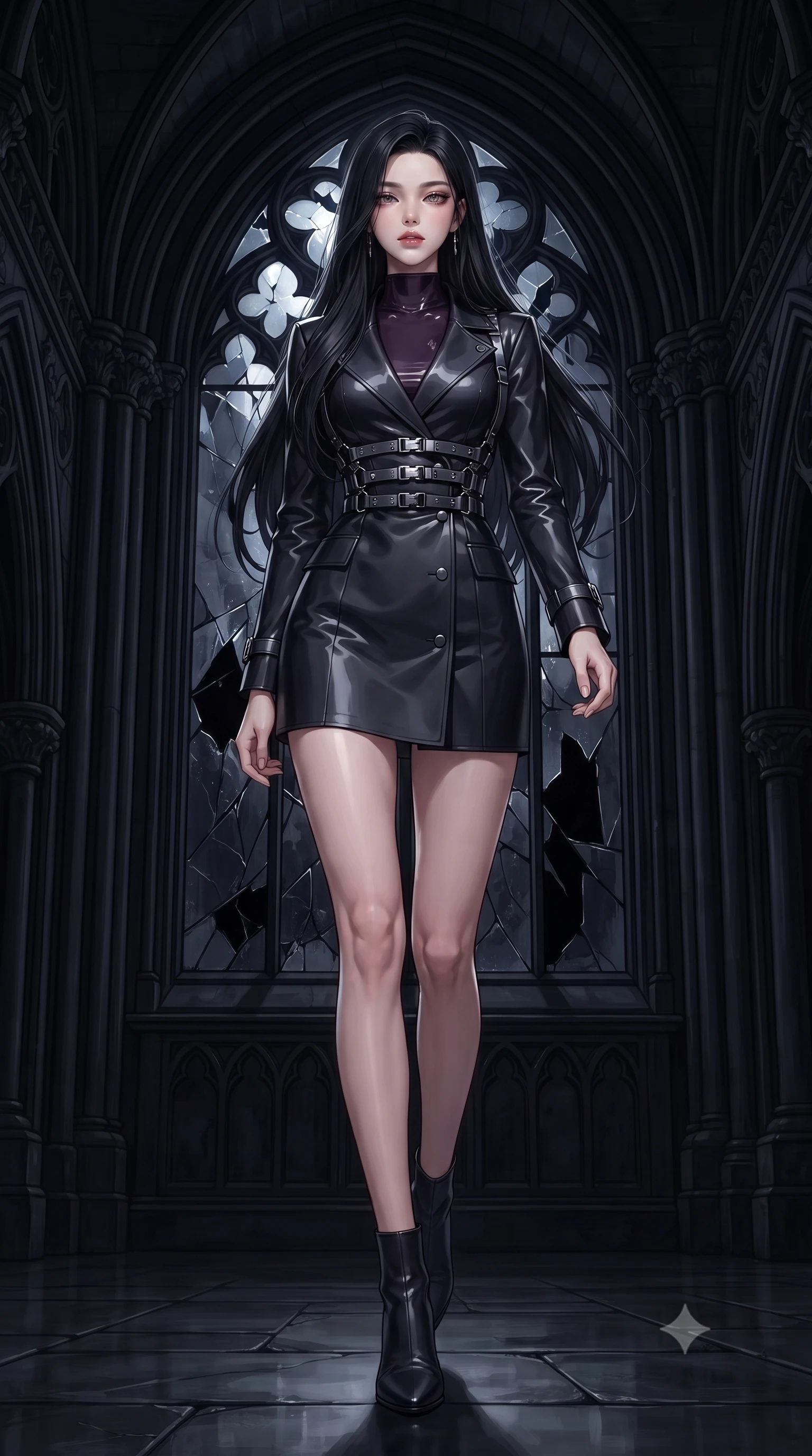 score_9, masterpiece, best quality, ultra-detailed, high-budget anime keyframe, editorial fashion photography, tasteful artistic composition, Korean woman. low angle full-body shot from head to toe showing her feet, filling the entire 9:16 vertical frame with her statuesque presence, stretching her vertical silhouette. navigating the midnight sanctuary with an effortless, graceful stride, standing before a shattered dark stained-glass window in a midnight gothic cathedral, dark velvet shadows wrapping around her sleek vertical form. She has an absolutely perfect, statuesque 8.5-heads proportion, an exceptionally tall and slender model-like female figure with impossibly long slender legs and an ultra-slim waist. sharp v-shaped jawline, high-bridge nose, intricate jewel-like eyes with depth, thick eyelashes, glossy lips with a natural sheen. wearing structured dark charcoal trench dress over sleek high-neck top in dark plum violet, made of high-gloss liquid vinyl, highlighted by a gunmetal metallic harness structure, sculpting her athletic slender build with refined precision. surrounded by cool silvery moonlight contrast against pitch-black cathedral architecture. highly saturated vibrant anime colors, detailed shading with soft gradients, rich glossy textures, high-contrast stereoscopic depth, volumetric dynamic lighting, master piece, 9:16 ratio