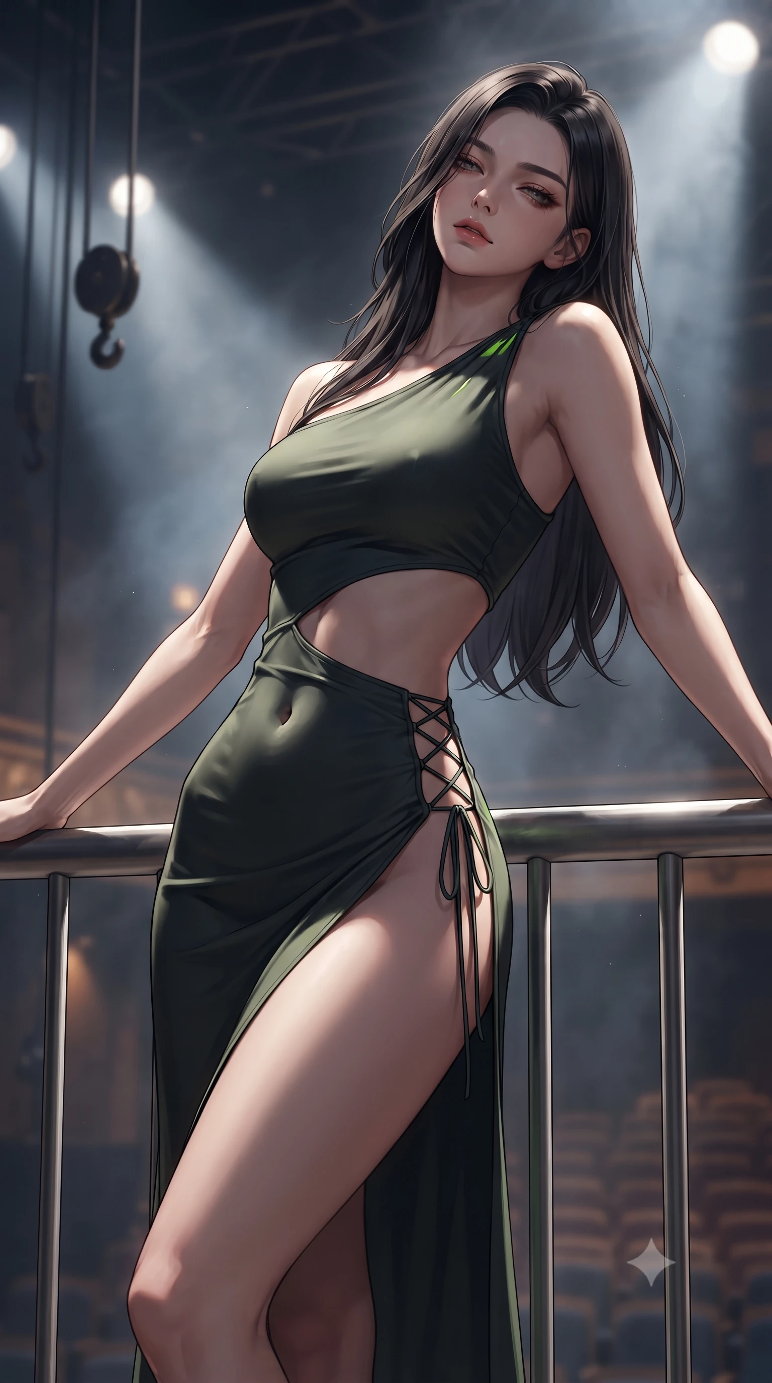 score_9, masterpiece, best quality, ultra-detailed, high-budget anime keyframe, editorial fashion photography, tasteful artistic composition, Korean woman. close-up cowboy shot from the waist and thighs up, the character dominates the composition, filling the frame with her large presence. leaning back against the balustrade with relaxed seductive grace, head tilted back slightly while casting a hypnotic, heavy-lidded gaze while twisting her slender torso in an alluring S-curve, theatrical stage spotlights casting dramatic shadows across her waist and hips. The background shows a soft-focus stage spotlights, counterweight pulleys, and distant auditorium rows below blurred into amber, cobalt, and smoky charcoal bokeh. She has an exceptionally elegant, slender, and willowy female figure with an ultra-slim waist, flat toned midriff, narrow ribcage, and sculpted feminine hips creating an alluring, slim hourglass silhouette without bulk. sharp v-shaped jawline, high-bridge nose, sparkling eyes with hypnotic seductive depth, thick curled eyelashes, glossy parted lips with a natural dewy peach sheen, alluring bedroom-eyes with an enchanting coquettish smile, exuding magnetic siren charisma and sophisticated glamour, flawlessly proportioned anatomical accuracy, strict slender model proportions, natural body alignment, perfectly sculpted long slender limbs, ultra-slim waistline, clean dynamic posture without body distortion. wearing an asymmetric one-shoulder liquid jersey dancer gown with dramatic hip-high slit and waist cutout in stealth night-vision green and carbon charcoal with neon accents, crafted from second-skin technical compression fabric with moisture-wicking stretch, finished with fine criss-cross lace-up side ties revealing tantalizing glimpses of her hip curve, the form-contouring silhouette accentuating her sculpted flat midriff, narrow delicate ribcage, and gracefully curvy hips with intoxicating allure. bathed in dramatic theatrical follow-spotlight beams cutting through hazy stage air. ultra-reflective glossy finish, specular highlights, rich textural contrasts, high-contrast stereoscopic depth, volumetric dynamic lighting, 2k, ultra detail, master piece, 9:16 ratio