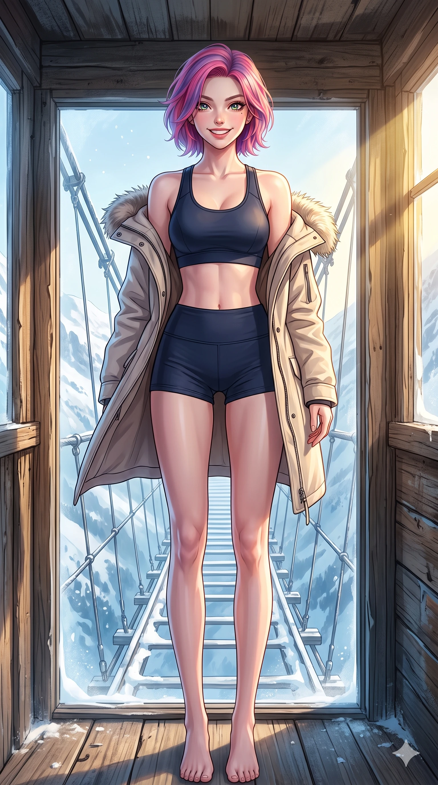 score_9, masterpiece, best quality, ultra-detailed, high-budget anime keyframe, vibrant anime aesthetic, Caucasian woman, strictly human ears. cowboy shot from the thighs up, character and outfit filling the frame for maximum presence. She is posing with a cheerful and confident grin, looking directly at the camera in the cabin on a wooden suspension bridge overlooking a snowy valley (Code-P21-062). She has an absolutely perfect 8-heads proportion, an exceptionally tall and slender female figure with impossibly long slender legs and an ultra-slim waist. V-shaped jawline, high-bridge nose, intricate jewel-like eyes with depth, thick eyelashes, glossy lips with a natural sheen. wearing a sports bra paired with high-waist micro-shorts and a light coat. She is bathed in a beautiful winter contrast of warm yellow sunbeams and cool snow reflections. 2k, ultra detail, master piece, 9:16 ratio