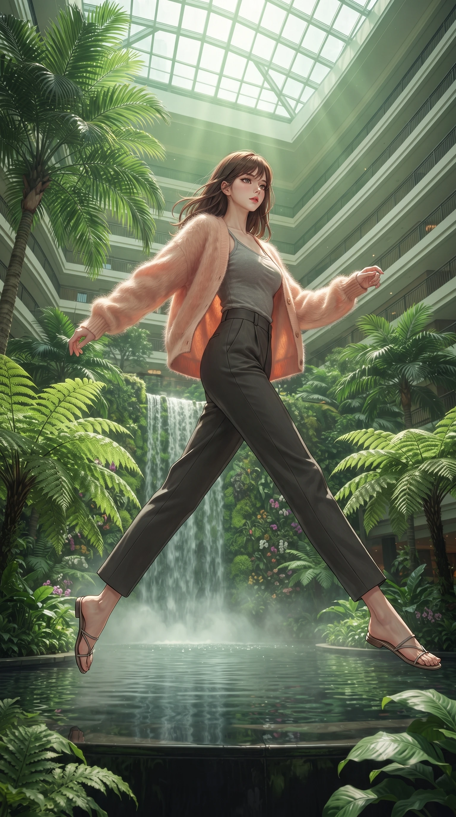 score_9, masterpiece, best quality, ultra-detailed, high-budget anime keyframe, editorial fashion photography, tasteful artistic composition, Korean woman. low angle full-body shot from head to toe showing her feet, filling the entire 9:16 vertical frame with her statuesque presence, stretching her vertical silhouette. leaping gracefully through a luxury hotel's soaring six-story glass atrium filled with towering tropical palms massive ferns rare orchid collections and a grand waterfall cascading down a living moss wall into a reflection pool. She has a statuesque 8.5-heads proportion, an exceptionally tall, slender and willowy model-like build with impossibly long legs and a highly sculpted ultra-slim waist. sharp v-shaped jawline, high-bridge nose, intricate jewel-like eyes with depth, thick eyelashes, glossy lips with a natural sheen. wearing a mohair cardigan in a soft peach hue over a grey tank top and high-waisted charcoal trousers. abundant natural light flooding through the glass atrium roof filtered through tropical canopy creating green-tinted dappled illumination with mist from the waterfall softening everything. 2k, ultra detail, master piece, 9:16 ratio