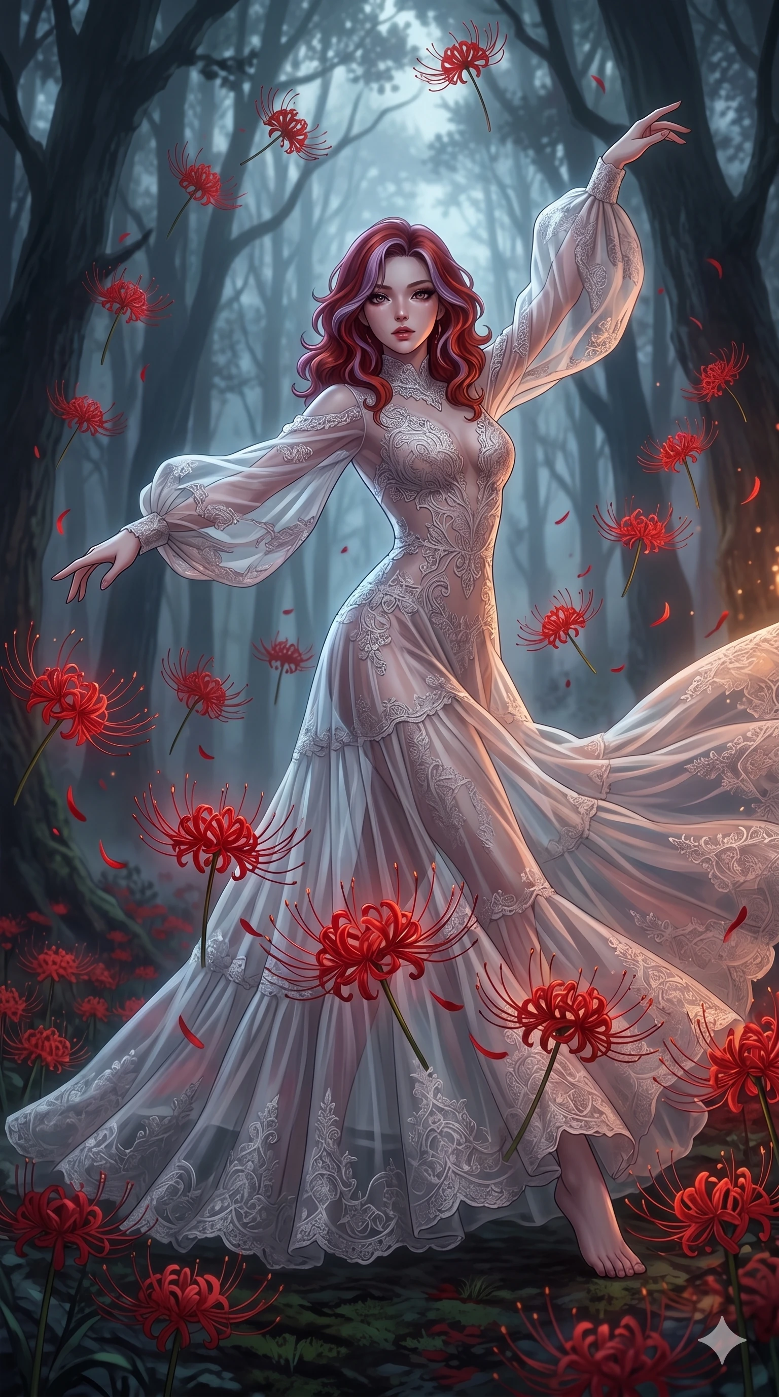 score_9, masterpiece, best quality, ultra-detailed, High-budget Anime Keyframe, East Asian woman. Low angle cowboy shot filling the entire 9:16 frame with her statuesque presence. Scenario 105: Dancing amidst falling red spider lilies in a misty dark forest. Her presence is magnetic and overpowering in this high-budget anime scene. Outfit 105: A translucent organza designed with a elegant high-fashion silhouette and delicate lace embroidery. The clothing is designed to emphasize her exceptionally tall and slender 8-heads proportion. 8-heads proportion, towering silhouette, ultra-slim waist. sharp v-shaped jawline, intricate jewel-like eyes with depth, thick eyelashes, glossy lips. 2k, ultra detail, master piece, 9:16 ratio