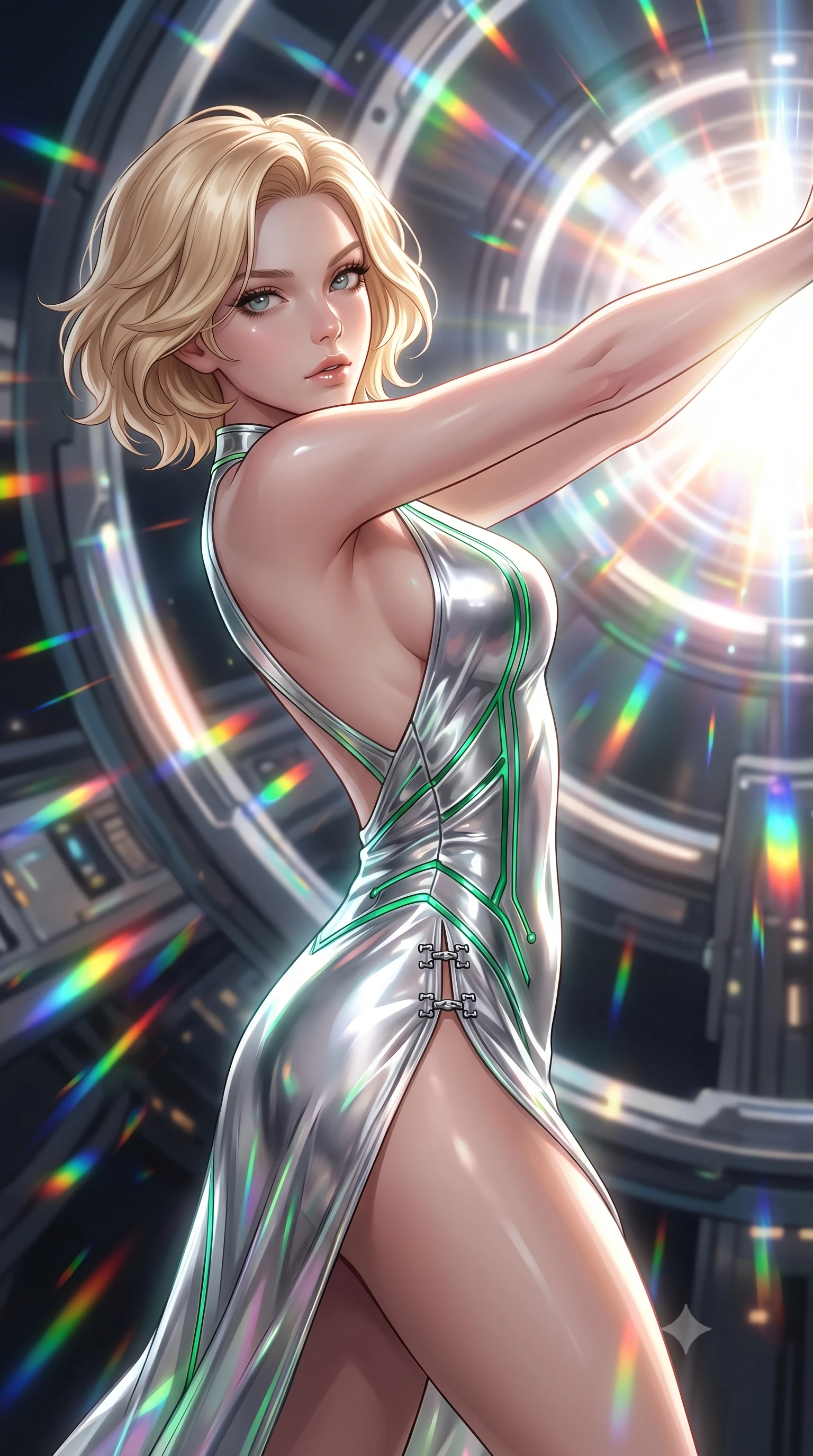 score_9, masterpiece, best quality, ultra-detailed, high-budget anime keyframe, editorial fashion photography, tasteful artistic composition, Caucasian woman. close-up cowboy shot from the waist and thighs up, the character dominates the composition, filling the frame with her large presence. looking into the camera lens with intense, captivating depth, softly parted glossy lips and thick eyelashes framing her ethereal gaze while arching her spine in a fluid zero-gravity stretch with arms outstretched toward the glowing heart of the warp core. The composition keeps background elements in soft focus with creamy bokeh. rotating magnetic containment rings and starship bridge architecture softened in smooth depth of field. She has an exceptionally elegant, slender, and willowy female figure with an ultra-slim waist, a gracefully sculpted slender torso, toned flat midriff, and a refined slim silhouette. sharp v-shaped jawline, high-bridge nose, intricate jewel-like eyes with depth, thick eyelashes, glossy lips with a natural sheen, flawlessly proportioned anatomical accuracy, strict slender model proportions, natural body alignment, perfectly sculpted long slender limbs, ultra-slim waistline, clean dynamic posture without body distortion. wearing a backless molten silver liquid-metal gown with a high-cut side slit and precision-fitted waist boning in radiant emerald green circuit lines and polished silver sheen, crafted from delicate iridescent organza interwoven with luminescent micro-fibers, finished with an ultra-high side slit secured by miniature magnetic clasps, the sleek second-skin cut tightly hugging her graceful clavicle, narrow waist, and feminine curves with athletic precision. bathed in brilliant white-hot warp core radiance and saturated rainbow particle prism refractions. ultra-reflective glossy finish, specular highlights, dark metallic sheen, high-contrast stereoscopic depth, volumetric dynamic lighting, 2k, ultra detail, master piece, 9:16 ratio