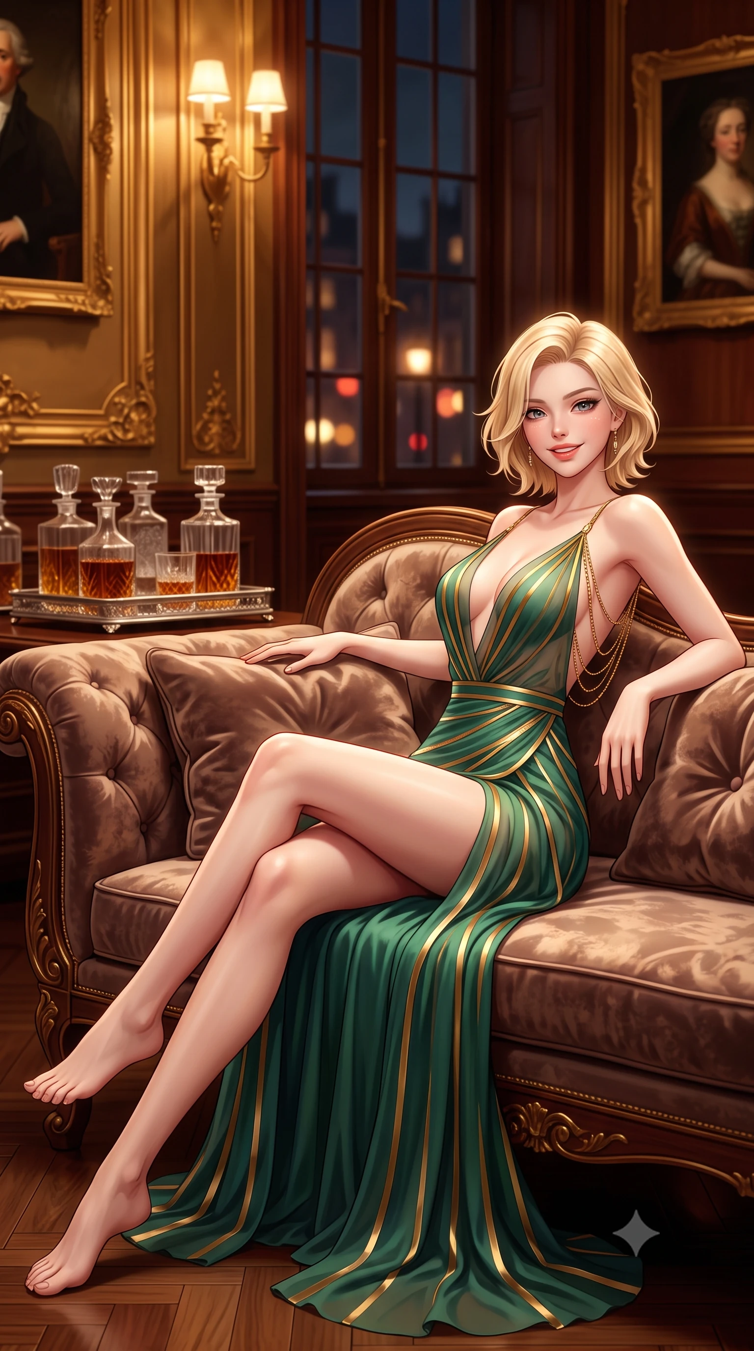 score_9, masterpiece, best quality, ultra-detailed, high-budget anime keyframe, semi-realistic 3D game render, editorial fashion photography, tasteful artistic composition, Caucasian woman. low angle full-body shot from head to toe showing her feet, filling the entire 9:16 vertical frame with her statuesque presence, stretching her vertical silhouette. reclining gracefully across the plush chaise lounge with one leg extended, her sculpted silhouette and flat midriff radiating magnetic nocturnal glamour while standing poised between monumental gilded wall panels, arching her lower back with sovereign supermodel poise as candlelight reflects on polished mahogany. The background shows a soft-focus rows of crystal whiskey decanters on silver trays, historic oil portraits in gilded frames, and quiet midnight Pall Mall streetlights blurred into amber, mahogany, and ruby bokeh. She has an exceptionally tall and slender model-like 8.5-heads proportion, an ultra-slim waist, a flat toned midriff, narrow delicate ribcage, and beautifully sculpted feminine hips creating a graceful, slim hourglass silhouette without any bulky heaviness, with impossibly long slender legs. sharp v-shaped jawline, high-bridge nose, intricate jewel-like sparkling eyes with depth, thick eyelashes, glossy parted lips with a natural peach sheen, bright cheerful beaming smile with an enchanting and coquettish sensual glint, exuding both youthful cute charm and seductive allure, flawlessly proportioned anatomical accuracy, strict slender model proportions, natural body alignment, perfectly sculpted long slender limbs, ultra-slim waistline, clean dynamic posture without body distortion. wearing a plunge-front sheer illusion tulle slip dress with liquid gold ribbon stripes hugging her curves in French Concession jade green and gilded bronze, made of fluid liquid jersey with seamless sculpting hold and smooth contours, accented with an open-back drape framed by falling strands of delicate gold chains, the high-slit wrap tailoring accentuating her ultra-slim waistline and the enchanting curve of her feminine hips with alluring seductive charm. bathed in the rich chiaroscuro glow of natural hearth firelight and warm library picture sconces. highly saturated vibrant anime colors, detailed shading with soft gradients, rich glossy textures, high-contrast stereoscopic depth, volumetric dynamic lighting, master piece, 9:16 ratio