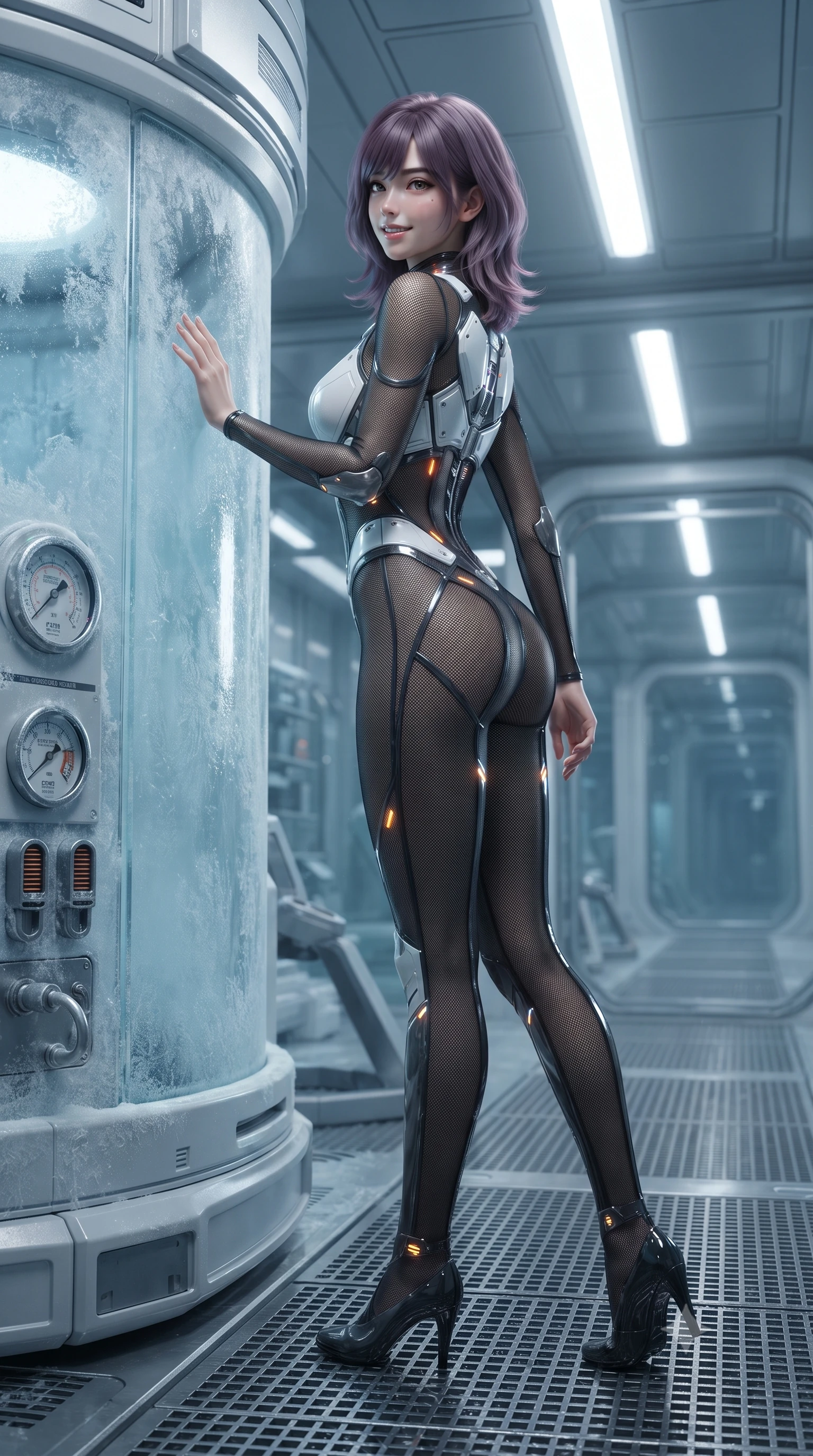 score_9, masterpiece, best quality, ultra-detailed, high-budget anime keyframe, editorial fashion photography, tasteful artistic composition, Japanese woman. low angle full-body shot from head to toe showing her feet, filling the entire 9:16 vertical frame with her statuesque presence, stretching her vertical silhouette. walking slowly along the transparent glass skybridge, looking back over her shoulder with an air of effortless grace and an alluring, smoldering smile while leaning against a frosted glass stasis pod with hips cocked back, casting an intoxicating, mysterious bedroom-gaze through sub-zero vapor. The surrounding environment is rendered in vivid detail and crisp panoramic clarity: sharp frost rime on pod glass, cryogenic valve pressure dials, and textured steel floor grating in deep focus. She has an absolutely perfect, statuesque 8.5-heads proportion, an exceptionally tall and slender model-like female figure with impossibly long slender legs, an ultra-slim waist, a flat toned midriff, narrow delicate ribcage, and beautifully sculpted feminine hips creating a graceful, slim hourglass silhouette without any bulky heaviness. sharp v-shaped jawline, high-bridge nose, intricate jewel-like sparkling eyes with depth, thick eyelashes, glossy parted lips with a natural sheen, bright confident smile with an enchanting and coquettish sensual glint, exuding both youthful magnetic charm and sovereign high-tech allure, flawlessly proportioned anatomical accuracy, strict slender model proportions, natural body alignment, perfectly sculpted long slender limbs, ultra-slim waistline, clean dynamic posture without body distortion. wearing a semi-translucent smoke-black mesh tactical catsuit with reinforced carbon-fiber bustier plating in pure alabaster white and brushed silver accents, woven from layered gossamer holographic organza casting chromatic prism reflections, accented with subtle hexagonal heat-sink vents glowing with dim orange thermal heat, the high-waisted tailoring accentuating her ultra-slim waistline and the enchanting curve of her feminine hips with alluring dark charm. illuminated by overhead cold-white strip lights and sharp crystalline silver rim lights carving her slim waist, hips, and jawline. ultra-reflective glossy finish, specular highlights, rich textural contrasts, high-contrast stereoscopic depth, volumetric dynamic lighting, 2k, ultra detail, master piece, 9:16 ratio