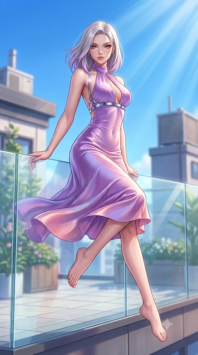score_9, masterpiece, best quality, ultra-detailed, high-budget anime keyframe, semi-realistic 3D game render, editorial fashion photography, tasteful artistic composition, Caucasian woman. low angle full-body shot from head to toe showing her feet, 