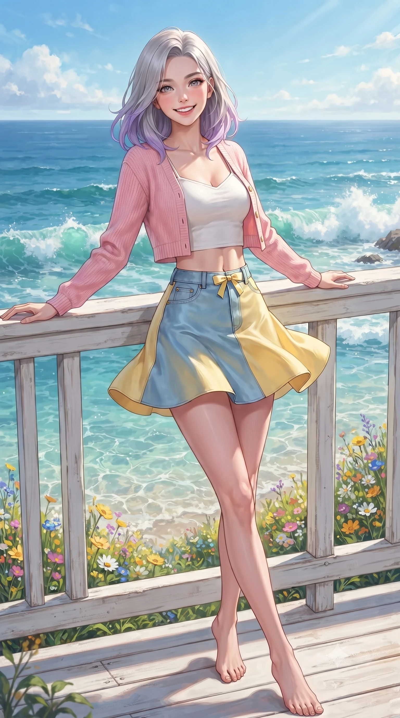 score_9, masterpiece, best quality, ultra-detailed, high-budget anime keyframe, editorial fashion photography, tasteful artistic composition, Caucasian woman. low angle full-body shot from head to toe showing her feet, filling the entire 9:16 vertical frame with her statuesque presence, stretching her vertical silhouette. performing a cheerful mid-motion turn with effortless poise, her skirt fluttering softly as she smiles into the camera while leaning against a rustic white wooden railing above crashing ocean waves, her smile as bright as the summer sun. The surrounding environment is rendered in vivid detail and crisp panoramic clarity. crystal-clear shallow water caustics, coastal wildflowers, and panoramic ocean horizons in high resolution. She has an absolutely perfect, statuesque 8.5-heads proportion, an exceptionally tall and slender model-like female figure with impossibly long slender legs, a toned flat midriff, and an ultra-slim waist. sharp v-shaped jawline, high-bridge nose, intricate jewel-like eyes with depth, thick eyelashes, glossy lips with a natural sheen, pure and lovely fresh girlhood expression, flawlessly proportioned anatomical accuracy, strict slender model proportions, natural body alignment, perfectly sculpted long slender limbs, ultra-slim waistline, clean dynamic posture without body distortion. wearing a lovely baby-pink cropped knit cardigan paired with a high-waisted denim A-line mini skirt in sunny daffodil yellow and french blue, crafted from smooth fluid silk satin with a natural gentle sheen, accented with a dainty ribbon bow at the waistline, the relaxed yet flattering fit accentuating her naturally graceful and slender figure, highlighting her youthful charm and lovely silhouette. illuminated by crisp directional daylight defining her flawless features and slender silhouette. ultra-reflective glossy finish, specular highlights, rich natural textures, high-contrast stereoscopic depth, volumetric dynamic lighting, 2k, ultra detail, master piece, 9:16 ratio