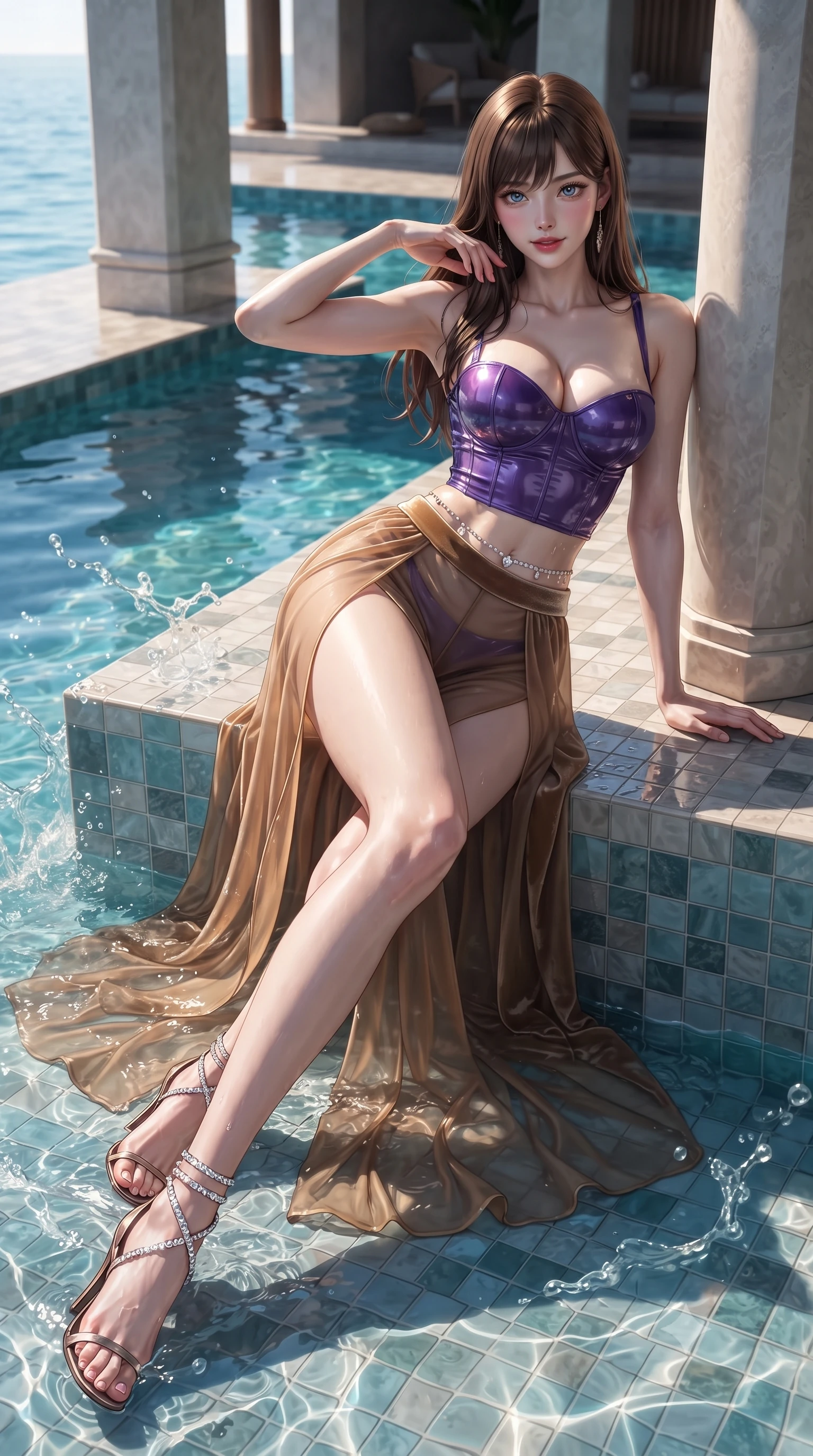 score_9, masterpiece, best quality, ultra-detailed, high-budget anime keyframe, editorial fashion photography, tasteful artistic composition, Korean woman. low angle full-body shot from head to toe showing her feet, filling the entire 9:16 vertical frame with her statuesque presence, stretching her vertical silhouette. standing tall beside the architectural column, one hand resting high while arching her lower back to emphasize her sculpted feminine hips and slender waist while lounging on the submerged tiled pool tanning ledge propped on one arm, her long slender legs and flat midriff radiating effortless siren allure. The surrounding environment is rendered in vivid detail and crisp panoramic clarity: detailed wet-look high-cut monokini cling, crystal belly chain glint, and overwater architectural craftsmanship in razor-sharp precision. She has an absolutely perfect, statuesque 8.5-heads proportion, an exceptionally tall and slender model-like female figure with impossibly long slender legs, an ultra-slim waist, a flat toned midriff, narrow delicate ribcage, and beautifully sculpted feminine hips creating a graceful, slim hourglass silhouette without any bulky heaviness. sharp v-shaped jawline, high-bridge nose, sparkling eyes with hypnotic seductive depth, thick curled eyelashes, glossy parted lips with a natural dewy peach sheen, alluring bedroom-eyes with an enchanting coquettish smile, exuding magnetic siren charisma and sophisticated glamour, flawlessly proportioned anatomical accuracy, strict slender model proportions, natural body alignment, perfectly sculpted long slender limbs, ultra-slim waistline, clean dynamic posture without body distortion. wearing a wet-look form-fitting vinyl bustier paired with sheer chiffon high-slit wide-leg trousers in royal amethyst purple and gilded bronze, tailored from ultra-plush velvet with rich tactile depth and deep shadow gradients, complemented by strappy stiletto sandals with crystal ankle wraps accentuating her slender calves, the glove-like clinging cut tightly following the natural contour of her hips and long slender legs with youthful 8.5-heads elegance. illuminated by splashing water spray caustics and sharp platinum-gold rim lights sculpting her jawline, flat midriff, and curvy hips. ultra-reflective glossy finish, specular highlights, rich textural contrasts, high-contrast stereoscopic depth, volumetric dynamic lighting, 2k, ultra detail, master piece, 9:16 ratio