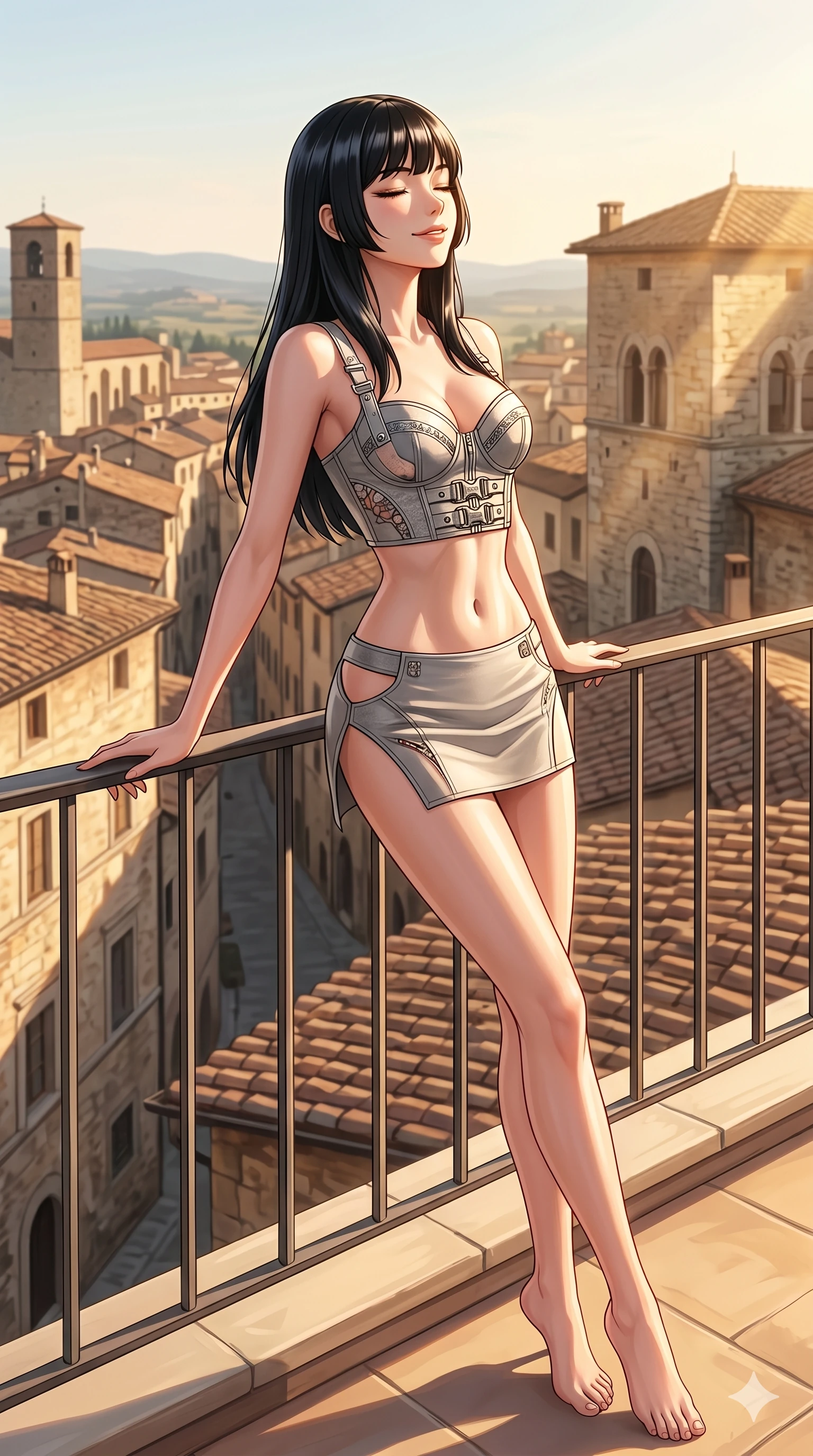 score_9, masterpiece, best quality, ultra-detailed, high-budget anime keyframe, editorial fashion photography, tasteful artistic composition, Caucasian woman, strictly human ears. cowboy shot from the thighs up, character and outfit filling the frame for maximum editorial presence. leaning back gracefully with a serene, relaxed smile, letting the warm sun wash over her face leaning against the railing of a sunlit private rooftop terrace overlooking a historic European town (Code-P090). She has an absolutely perfect 8-heads proportion, an exceptionally tall and slender female figure with impossibly long slender legs and an ultra-slim waist. V-shaped jawline, high-bridge nose, intricate jewel-like eyes with depth, thick eyelashes, glossy lips with a natural sheen. wearing a structured crop bustier with chrome hardware and a matching micro-length skirt with side cuts. bathed in warm afternoon sunbeams casting long, soft shadows and highlighting her slender waist. 2k, ultra detail, master piece, 9:16 ratio