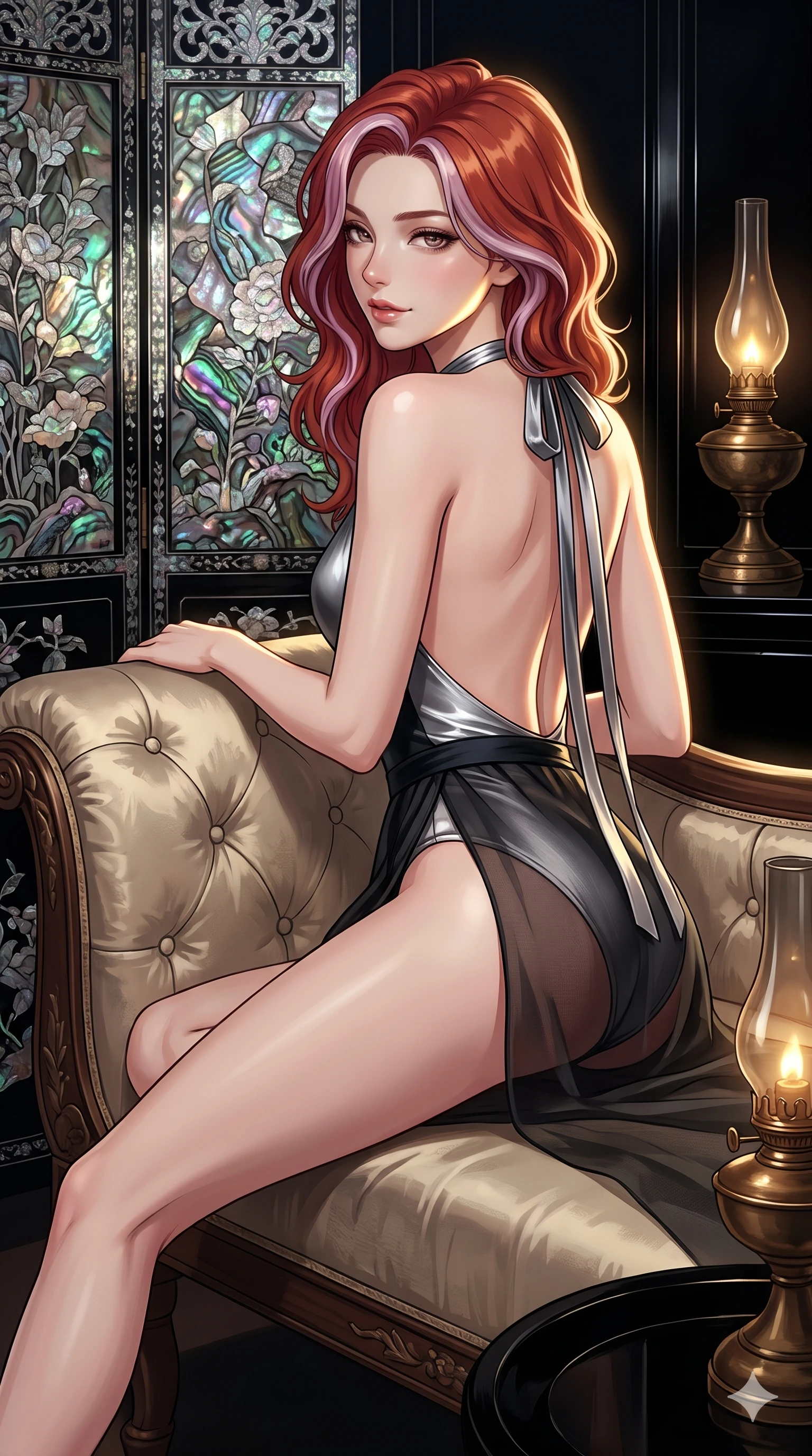 score_9, masterpiece, best quality, ultra-detailed, high-budget anime keyframe, editorial fashion photography, tasteful artistic composition, Caucasian woman. close-up cowboy shot from the waist and thighs up, the character dominates the composition, filling the frame with her large presence. posing in an alluring rear three-quarter angle, looking over a bare shoulder with parted glossy lips, her hips cocked back to highlight her slim hourglass curve while reclining gracefully on an antique silk chaise lounge with legs extended, propped on one elbow with parted glossy lips. The surrounding environment is rendered in vivid detail and crisp panoramic clarity: sharp iridescent abalone shell inlay edges, deep mirror-like black lacquer gloss, and bronze oil lamp patina in deep focus. She has an exceptionally elegant, slender, and willowy female figure with an ultra-slim waist, flat toned midriff, narrow ribcage, and sculpted feminine hips creating an alluring, slim hourglass silhouette without bulk. sharp v-shaped jawline, high-bridge nose, sparkling eyes with hypnotic seductive depth, thick curled eyelashes, glossy parted lips with a natural dewy peach sheen, alluring bedroom-eyes with an enchanting coquettish smile, exuding magnetic siren charisma and sophisticated glamour, flawlessly proportioned anatomical accuracy, strict slender model proportions, natural body alignment, perfectly sculpted long slender limbs, ultra-slim waistline, clean dynamic posture without body distortion. wearing a liquid-tight backless silk halter leotard styled with a sheer wrap overskirt revealing her hip curve in liquid mercury chrome and deep ink black, woven from bespoke Korean ramie fabric with crisp tactile slub texture, finished with long silk ribbon ties fluttering down her bare spine from a backless halter, the glove-like clinging cut tightly following the natural contour of her hips and long slender legs with youthful 8.5-heads elegance. illuminated by mother-of-pearl screen iridescence bounce and sharp gold-pearl rim lights sculpting her razor-sharp jawline, narrow waist, and curvy hips. ultra-reflective glossy finish, specular highlights, rich textural contrasts, high-contrast stereoscopic depth, volumetric dynamic lighting, 2k, ultra detail, master piece, 9:16 ratio