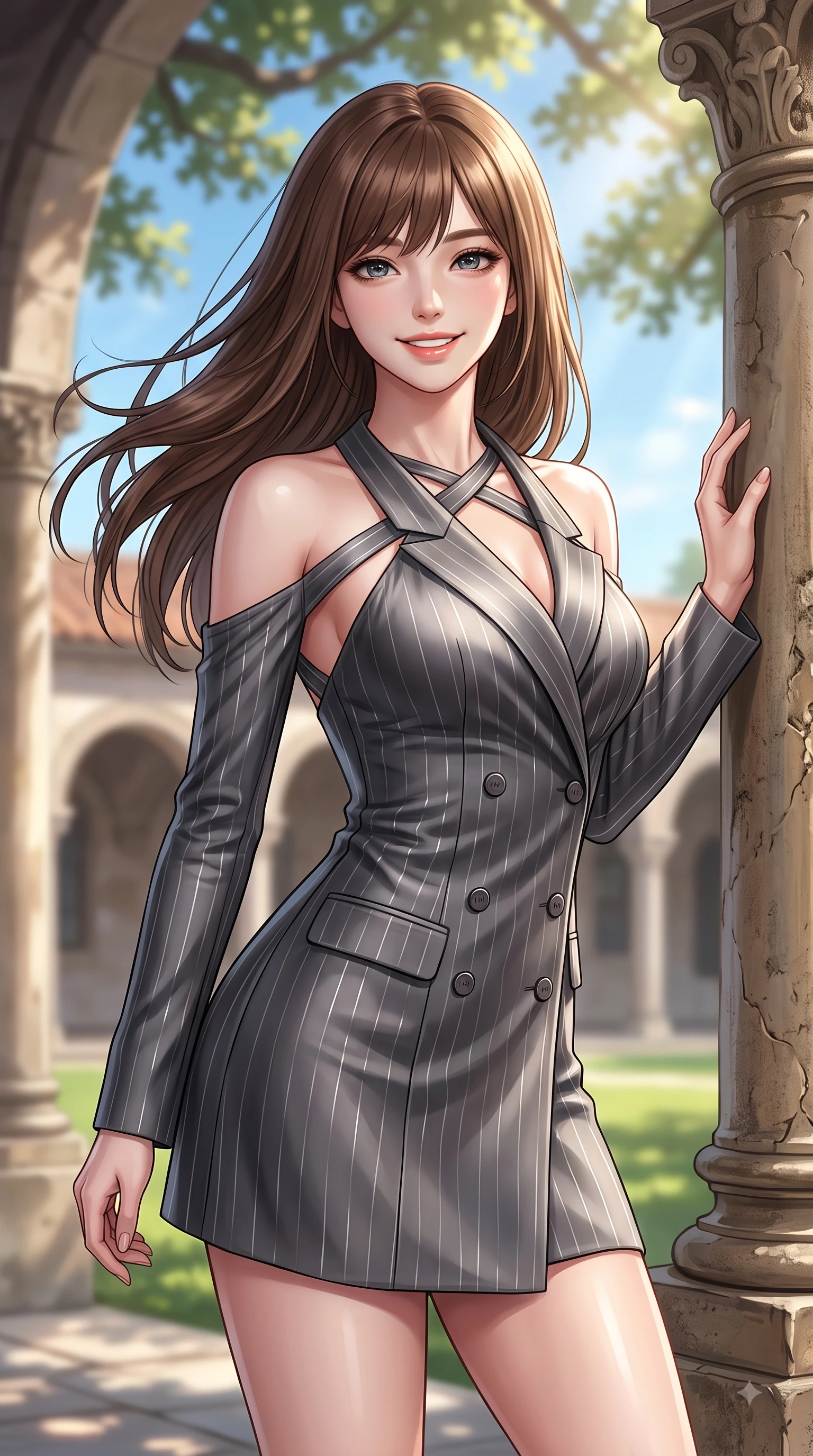score_9, masterpiece, best quality, ultra-detailed, high-budget anime keyframe, editorial fashion photography, tasteful artistic composition, Korean woman. close-up cowboy shot from the waist and thighs up, the character dominates the composition, filling the frame with her large presence, background elements kept in soft focus. Gazing directly into the camera with a fresh, infectious smile as her torso curves dynamically in mid-stride while leaning against an antique stone pillar in a sunlit university quadrangle with sparkling eyes, warm spring breeze swaying her long hair gracefully against the blue sky backdrop. She has an exceptionally elegant, slender, and willowy female figure with an ultra-slim waist, a gracefully sculpted slender torso, and a refined silhouette. sharp v-shaped jawline, high-bridge nose, intricate jewel-like eyes with depth, thick eyelashes, glossy lips with a natural sheen, flawlessly proportioned anatomical accuracy, natural body alignment, perfectly sculpted elegant limbs, clean dynamic posture without body distortion. wearing a double-breasted blazer dress with subtle metallic pin-stripes in charcoal grey and platinum, crafted from smooth liquid silk, complemented by criss-cross back straps highlighting her bare shoulders, the elegant draped fit framing her graceful clavicle and slender torso. bathed in brilliant sunny morning light filtering through oak tree canopies. highly saturated vibrant anime colors, detailed shading with soft gradients, rich glossy textures, high-contrast stereoscopic depth, volumetric dynamic lighting, master piece, 9:16 ratio