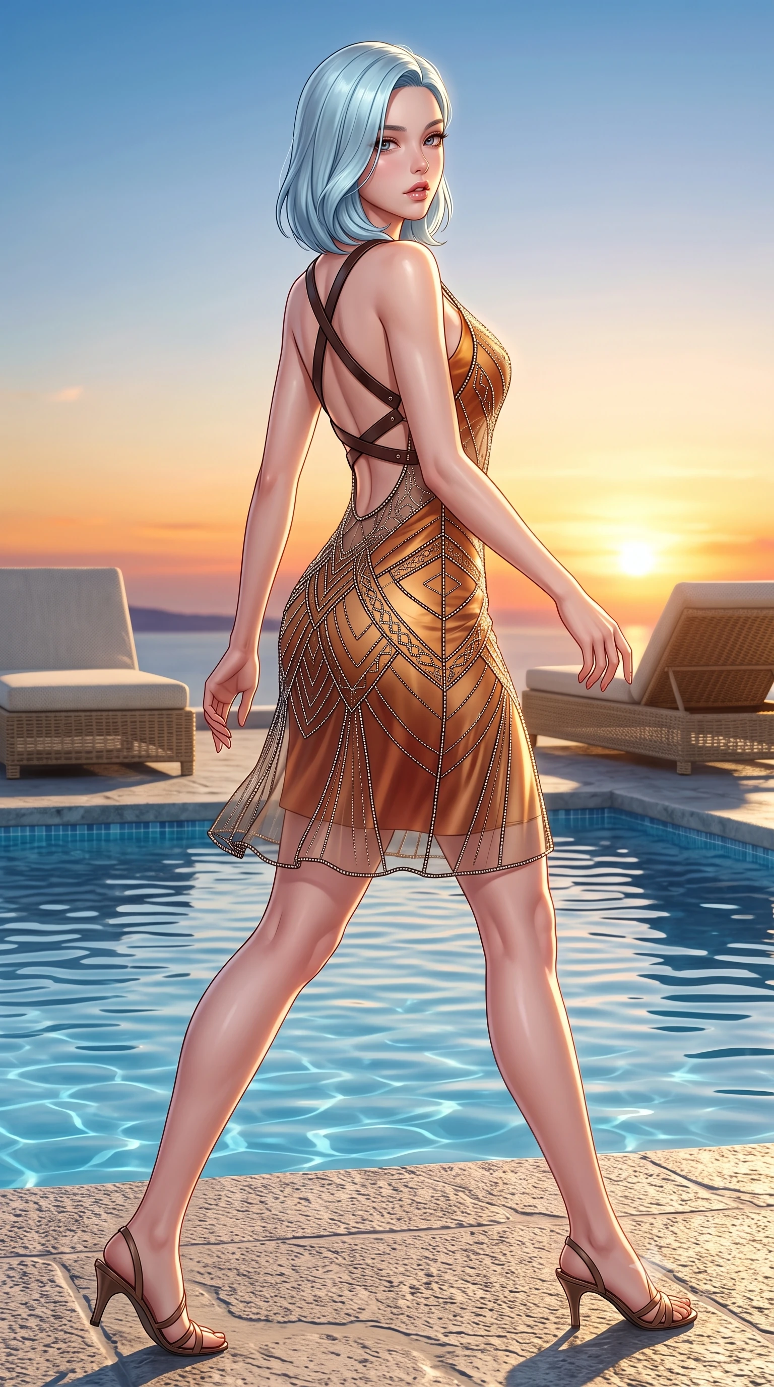 score_9, masterpiece, best quality, ultra-detailed, high-budget anime keyframe, semi-realistic 3D game render, editorial fashion photography, tasteful artistic composition, Korean woman. low angle full-body shot from head to toe showing her feet, filling the entire 9:16 vertical frame with her statuesque presence, stretching her vertical silhouette. striding forward in a proud supermodel runway stride, hips swaying in an alluring kinetic rhythm that accentuates her curvy hourglass silhouette while reclining languidly on a white stone sunbed with one knee raised, head tilted back toward the pastel Aegean skies with parted lips. The surrounding environment is rendered in vivid detail and crisp panoramic clarity. detailed linen dress weave, pool water ripple clarity, and sunset horizon gradients in high resolution. She has an exceptionally tall and slender model-like 8.5-heads proportion, an ultra-slim waist, a flat toned midriff, narrow delicate ribcage, and beautifully sculpted feminine hips creating a graceful, slim hourglass silhouette without any bulky heaviness, with impossibly long slender legs. sharp v-shaped jawline, high-bridge nose, intricate jewel-like eyes with depth, thick eyelashes, glossy parted lips with a natural sheen, intensely captivating and seductive bedroom-eyes expression, flawlessly proportioned anatomical accuracy, strict slender model proportions, natural body alignment, perfectly sculpted long slender limbs, ultra-slim waistline, clean dynamic posture without body distortion. wearing a sheer vintage mesh flapper dress adorned with intricate geometric beadwork over an opaque silk slip in molten desert gold and burnt terracotta, tailored from ultra-smooth duchess satin with a pearlescent sheen, featuring an open-back criss-cross harness strap in dark leather, the second-skin form-contouring cut accentuating her sculpted flat midriff, narrow delicate ribcage, and gracefully curvy hips with supermodel precision. surrounded by an idyllic, sun-drenched, and breathlessly romantic Aegean goddess aura. highly saturated vibrant anime colors, detailed shading with soft gradients, rich glossy textures, high-contrast stereoscopic depth, volumetric dynamic lighting, master piece, 9:16 ratio