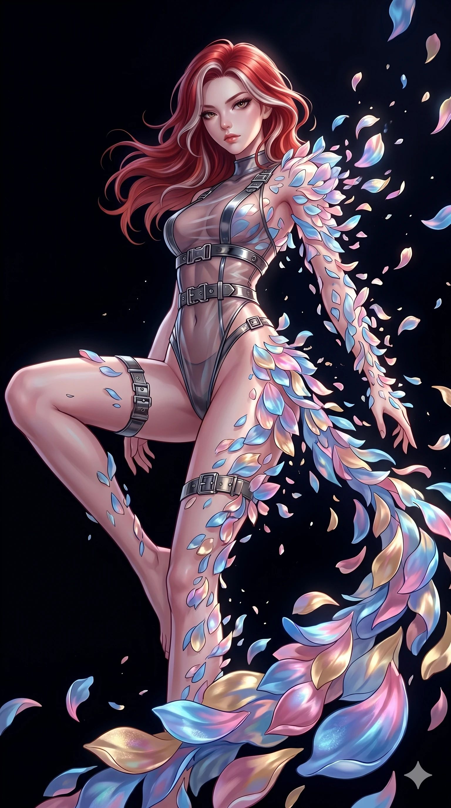 score_9, masterpiece, best quality, ultra-detailed, High-budget Anime Keyframe, East Asian woman. Low angle cowboy shot filling the entire 9:16 frame with her statuesque presence. Scenario 281: Dissolving into a cloud of iridescent silk petals in a void. Her presence is magnetic and overpowering in this high-budget anime scene. Outfit 281: A sheer organza dangerous with a high-cut leg line and metallic buckles. The clothing is designed to emphasize her exceptionally tall and slender 8-heads proportion. 8-heads proportion, towering silhouette, ultra-slim waist. sharp v-shaped jawline, intricate jewel-like eyes with depth, thick eyelashes, glossy lips. 2k, ultra detail, master piece, 9:16 ratio