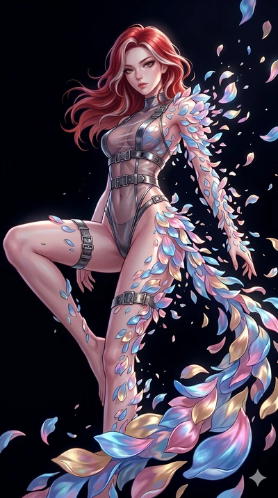 score_9, masterpiece, best quality, ultra-detailed, High-budget Anime Keyframe, East Asian woman. Low angle cowboy shot filling the entire 9:16 frame with her statuesque presence. Scenario 281: Dissolving into a cloud of iridescent silk petals in a v