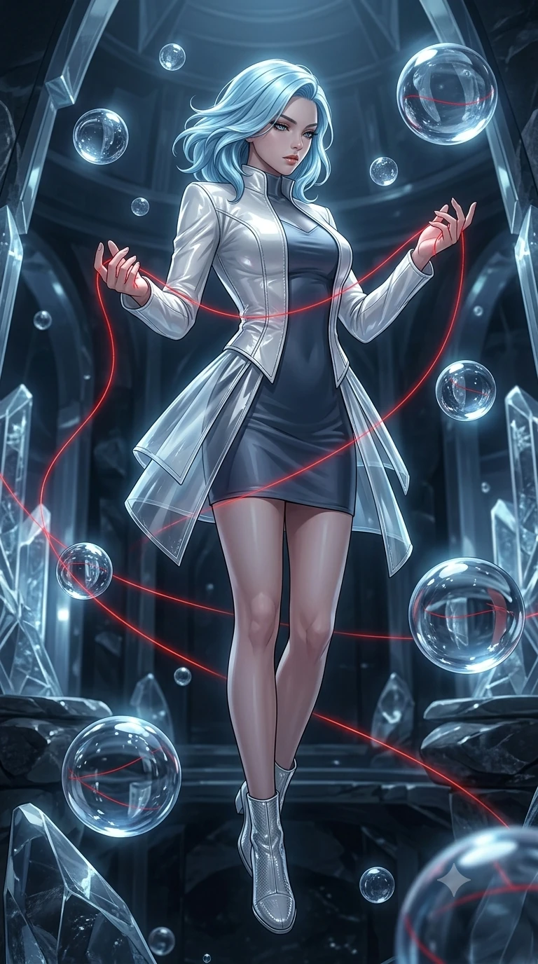 score_9, masterpiece, best quality, ultra-detailed, High-budget Anime Keyframe, East Asian woman. Low angle cowboy shot filling the entire 9:16 frame with her statuesque presence. Scenario 526: tracing a glowing red thread of fate with her fingers in a zero-gravity sanctuary filled with floating water spheres. Her presence is magnetic and overpowering in this high-budget anime scene. Outfit 526: a body-hugging pearl white patent leather jacket featuring layered translucent panels over a sleek slip dress. The clothing is designed to emphasize her exceptionally tall and slender 8-heads proportion. 8-heads proportion, towering silhouette, ultra-slim waist. sharp v-shaped jawline, intricate jewel-like eyes with depth, thick eyelashes, glossy lips. 2k, ultra detail, master piece, 9:16 ratio