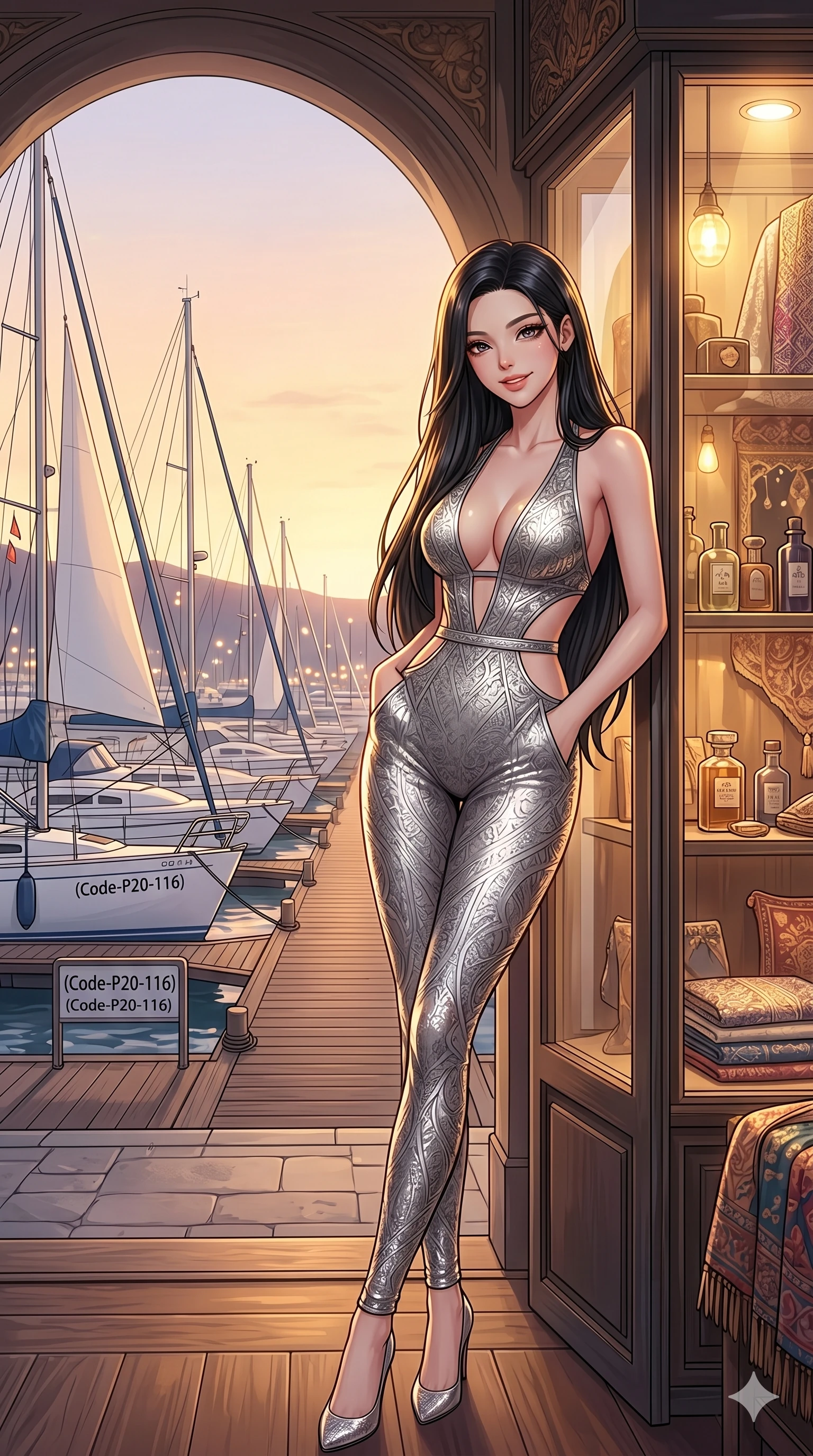 score_9, masterpiece, best quality, ultra-detailed, high-budget anime keyframe, vibrant anime aesthetic, Korean woman. cowboy shot from the thighs up, character and outfit filling the frame for maximum presence. She is leaning against a boutique display, smiling warmly with a playful half-smile by a harbor promenade with white sailboats (Code-P20-116). She has an absolutely perfect 8-heads proportion, an exceptionally tall and slender female figure with impossibly long slender legs and an ultra-slim waist. V-shaped jawline, high-bridge nose, intricate jewel-like eyes with depth, thick eyelashes, glossy lips with a natural sheen. wearing a metallic bodysuit with exposed waist and plunging neck. She is soft golden twilight glow mixed with warm boutique lights, tracing her eyelashes. 2k, ultra detail, master piece, 9:16 ratio