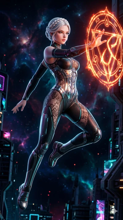 score_9, masterpiece, best quality, ultra-detailed, photorealistic 8k CG, hyper-detailed textures, ray-tracing, Caucasian (strictly human ears) woman. Mid-air action shot capturing a graceful twist and vertical silhouette. drawing an ancient rune in 