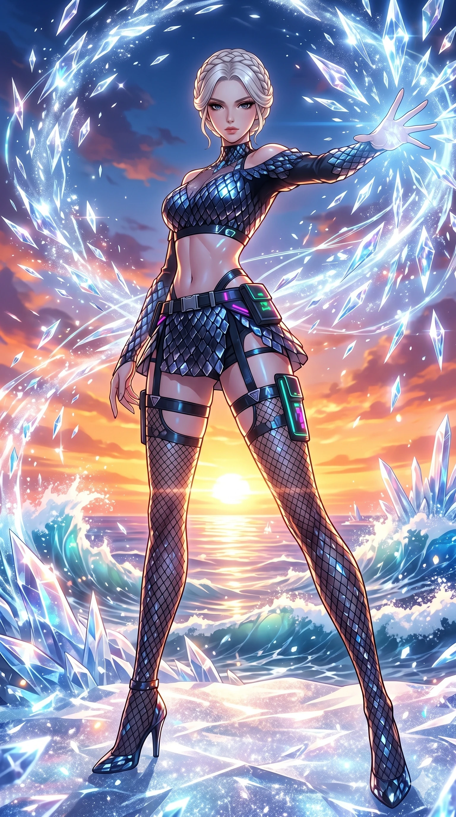 score_9, masterpiece, best quality, ultra-detailed, High-budget Anime Keyframe, vibrant colors, fluid line-art, expressive lighting, cinematic composition, Ufotable-style visual effects, top-tier animation quality, Korean woman with idol-like refined features. Cinematic low angle perspective showcasing her towering height and perfect 8-heads proportion. Casting a powerful ice spell that instantly turns the humid air into a storm of sharp, glittering ice crystals. She has an absolutely perfect 8-heads proportion, an exceptionally tall and slender female figure with impossibly long slender legs and an ultra-slim waist, her statuesque height and towering silhouette dominating the vertical 9:16 frame. Her face is a masterpiece featuring a sharp v-shaped jawline, high-bridge nose, intricate jewel-like eyes with depth, thick eyelashes, and glossy lips with a natural sheen. She is wearing a Off-shoulder crop top paired with micro-skirts and thigh-high fishnet stockings crafted from Obsidian-glass scales that shimmer with a dark, crystalline brilliance, with integrated neon-lit tactical gear and suggestive cutouts on the thighs. The scene is set in a vibrant sunset over a futuristic crystalline ocean with waves made of liquid light, illuminated by dynamic strobe effects that capture her movement in a series of sharp fragments. 2k, ultra detail, master piece, 9:16 ratio