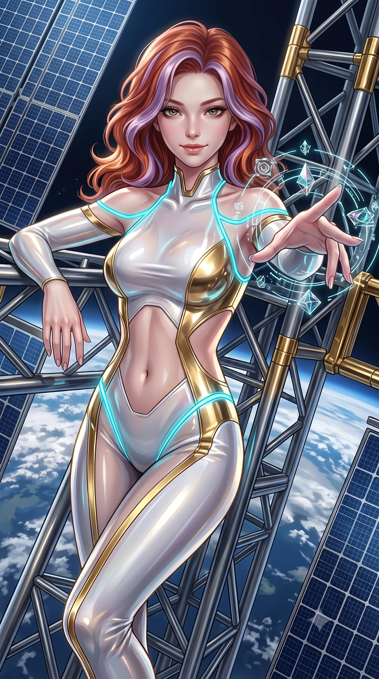 score_9, masterpiece, best quality, ultra-detailed, high-budget anime keyframe, editorial fashion photography, tasteful artistic composition, Caucasian woman. close-up cowboy shot from the waist and thighs up, the character dominates the composition, filling the frame with her large presence. extending one arm gracefully as floating holographic glyphs and nano-crystals orbit her fingertips with sovereign power while leaning against a structural titanium truss with a confident, celestial smile looking directly into the lens. The surrounding environment is rendered in vivid detail and crisp panoramic clarity. sharp solar panel grid cell textures, gold-plated titanium truss joints, and earth cloud patterns in deep focus. She has an exceptionally elegant, slender, and willowy female figure with an ultra-slim waist, a gracefully sculpted slender torso, toned flat midriff, and a refined slim silhouette. sharp v-shaped jawline, high-bridge nose, intricate jewel-like eyes with depth, thick eyelashes, glossy lips with a natural sheen, flawlessly proportioned anatomical accuracy, strict slender model proportions, natural body alignment, perfectly sculpted long slender limbs, ultra-slim waistline, clean dynamic posture without body distortion. wearing a second-skin white-and-gold high-fashion tech-bodysuit with diagonal midriff cutouts and glowing cyan fiber seams in polished mirror chrome and glowing electric cyan neon, tailored from semi-translucent cybernetic vinyl with glowing micro-filaments, accented with glowing fiber-optic seams tracing her collarbones and hip curves, the precision-cut daring openings accentuating her delicate midriff, graceful bare collarbones, and ultra-slim feminine waistline. illuminated by crisp gold specular highlights sharply defining her ultra-slim waist, long legs, and flat midriff. ultra-reflective glossy finish, specular highlights, dark metallic sheen, high-contrast stereoscopic depth, volumetric dynamic lighting, 2k, ultra detail, master piece, 9:16 ratio
