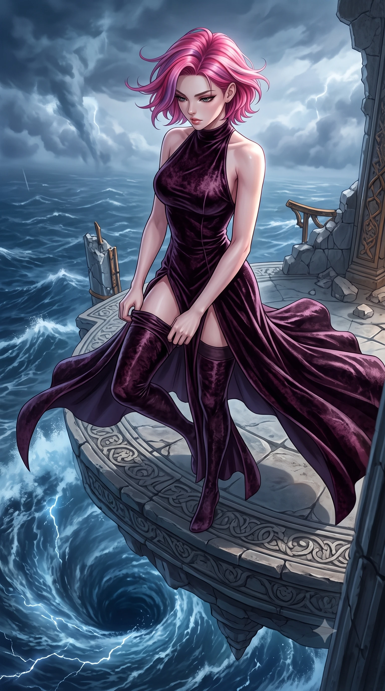 score_9, masterpiece, best quality, ultra-detailed, High-budget Anime Keyframe, Caucasian woman, strictly human ears. Dynamic full-body shot stretching the vertical silhouette to the limit. Scenario 251: adjusting her thigh-high stocking near a floating platform suspended over a stormy sea of dark blue water. Her presence is magnetic and overpowering in this high-budget anime scene. Outfit 251: a tailored crushed dark velvet bare with a thigh-high slit and tight-fitting silhouette. The clothing is designed to emphasize her exceptionally tall and slender 8-heads proportion. 8-heads proportion, towering silhouette, ultra-slim waist. sharp v-shaped jawline, intricate jewel-like eyes with depth, thick eyelashes, glossy lips. 2k, ultra detail, master piece, 9:16 ratio