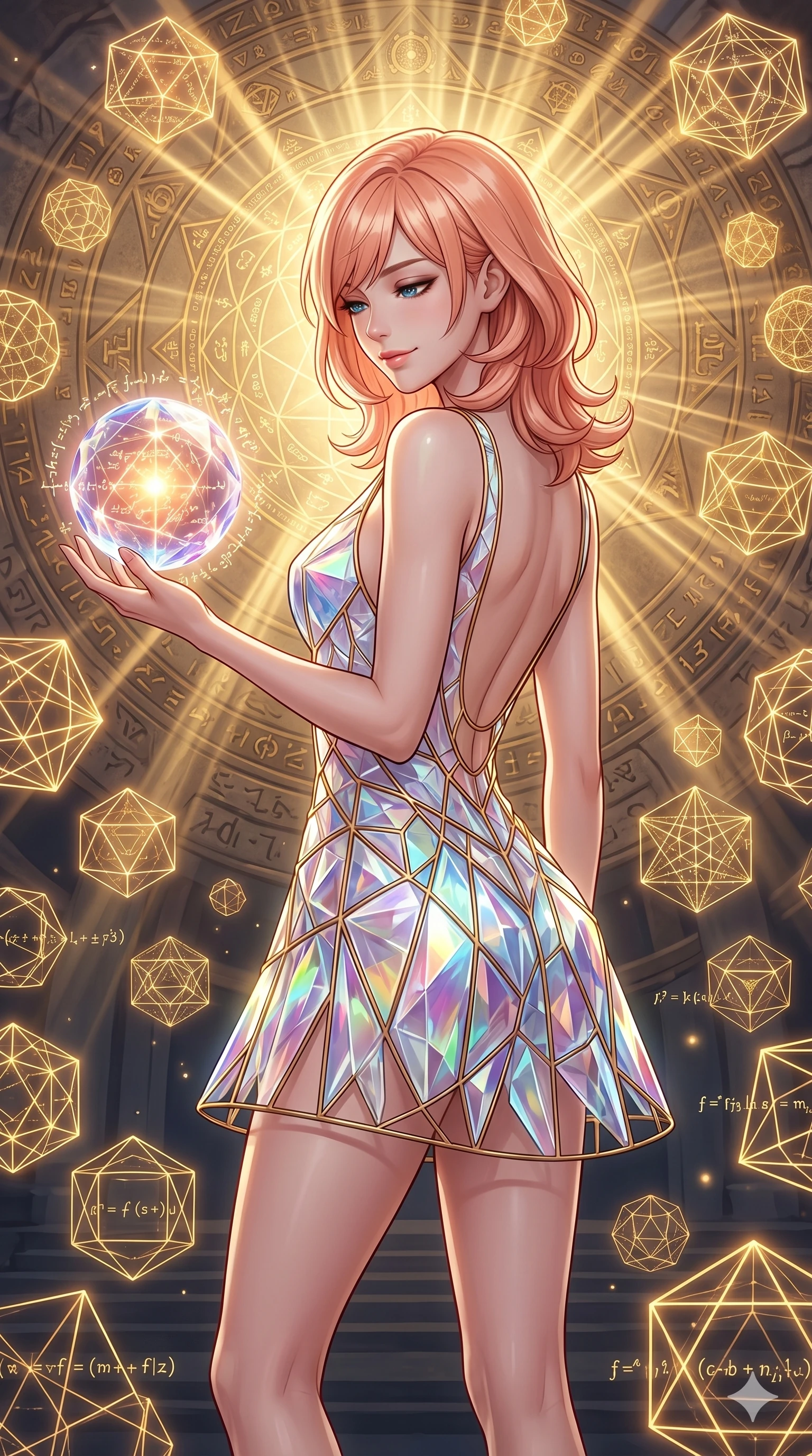 score_9, masterpiece, best quality, ultra-detailed, high-budget anime keyframe, editorial fashion photography, tasteful artistic composition, Japanese woman. cowboy shot from the thighs up, character and outfit filling the frame for maximum editorial presence. holding a floating glowing crystal sphere in her hand, looking down with a serene and powerful smile in a mathematical mandala temple with floating golden geometry (Code-P16-019). She has an absolutely perfect 8-heads proportion, an exceptionally tall and slender female figure with impossibly long slender legs and an ultra-slim waist. V-shaped jawline, high-bridge nose, intricate jewel-like eyes with depth, thick eyelashes, glossy lips with a natural sheen. wearing a crystalline structure mini-dress with gold wire frames and a scooped open back. brilliant golden rays radiating from the center mandala, creating a holy glowing aura. 2k, ultra detail, master piece, 9:16 ratio