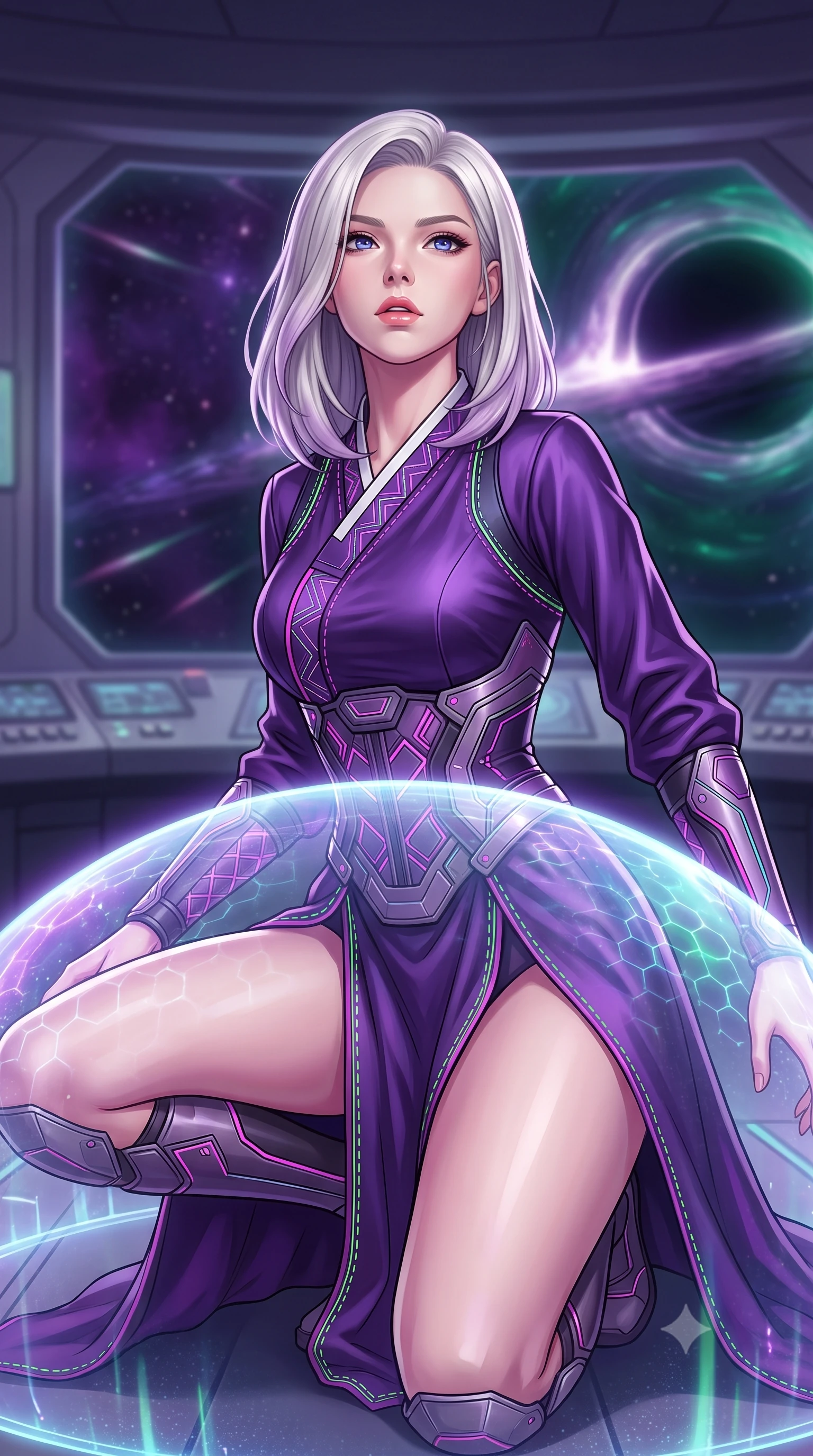 score_9, masterpiece, best quality, ultra-detailed, high-budget anime keyframe, editorial fashion photography, tasteful artistic composition, Caucasian woman. close-up cowboy shot from the waist and thighs up, the character dominates the composition, filling the frame with her large presence, background elements kept in soft focus. crouching slightly behind a glowing holographic shield emitter, looking up with defiance and lips slightly parted, the background shows a soft-focus the control bridge of a singularity cruiser with a panoramic window showing warps. She has an exceptionally elegant, slender, and willowy female figure with an ultra-slim waist, a gracefully sculpted slender torso, and a refined silhouette. sharp v-shaped jawline, high-bridge nose, intricate jewel-like eyes with depth, thick eyelashes, glossy lips with a natural sheen. wearing a slim-fit modern fusion cyber-hanbok robes featuring neon-stitch silk panels and reinforced composite shin guards. the deep violet and emerald hues of a cosmic singularity bending the light. highly saturated vibrant anime colors, detailed shading with soft gradients, rich glossy textures, high-contrast stereoscopic depth, volumetric dynamic lighting, master piece, 9:16 ratio
