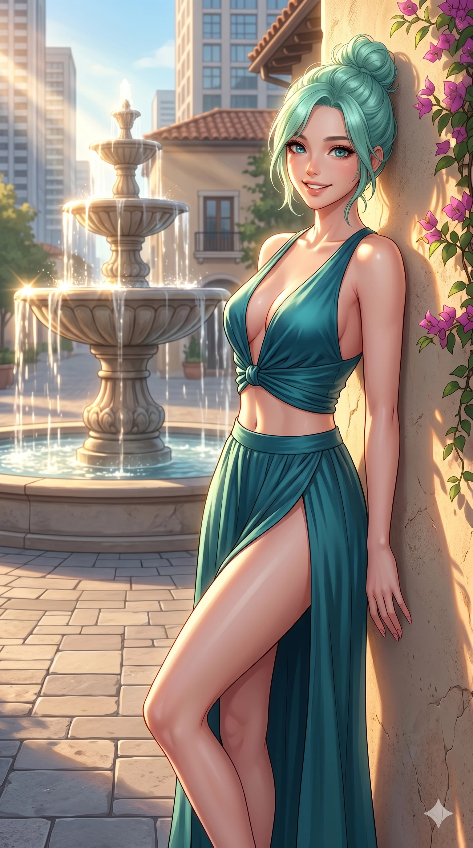 score_9, masterpiece, best quality, ultra-detailed, high-budget anime keyframe, vibrant anime aesthetic, Japanese woman. cowboy shot from the thighs up, character and outfit filling the frame for maximum presence. She is leaning against a villa wall, looking at the camera with a bright, friendly smile by a modern city fountain under bright afternoon sun (Code-P20-073). She has an absolutely perfect 8-heads proportion, an exceptionally tall and slender female figure with impossibly long slender legs and an ultra-slim waist. V-shaped jawline, high-bridge nose, intricate jewel-like eyes with depth, thick eyelashes, glossy lips with a natural sheen. wearing a plunging neckline top with exposed waist and high-slit skirt. She is warm golden afternoon sunbeams reflecting off the fountain water, dancing on her face. 2k, ultra detail, master piece, 9:16 ratio