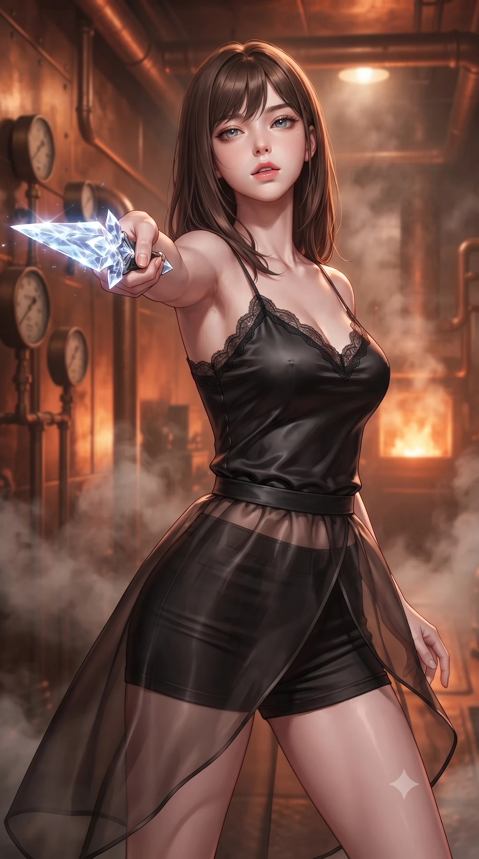 score_9, masterpiece, best quality, ultra-detailed, high-budget anime keyframe, editorial fashion photography, tasteful artistic composition, Korean woman. close-up cowboy shot from the waist and thighs up, the character dominates the composition, filling the frame with her large presence, background elements kept in soft focus. pointing a crystal-edged laser dagger forward in a defensive stance, tilting her chin up slightly with lips parted in a composed pose, the background shows a soft-focus a copper pipe foundry corridor filled with vintage pressure gauges and steam. She has an exceptionally elegant, slender, and willowy female figure with an ultra-slim waist, a gracefully sculpted slender torso, and a refined silhouette. sharp v-shaped jawline, high-bridge nose, intricate jewel-like eyes with depth, thick eyelashes, glossy lips with a natural sheen. wearing a body-hugging delicate lace-trim camisole in black silk, paired with a sheer organza wrap skirt and combat shorts. warm orange glow of a melting furnace reflecting off copper and bronze walls. ultra-reflective glossy finish, specular highlights, metallic sheen, high-contrast stereoscopic depth, volumetric dynamic lighting, 2k, ultra detail, master piece, 9:16 ratio