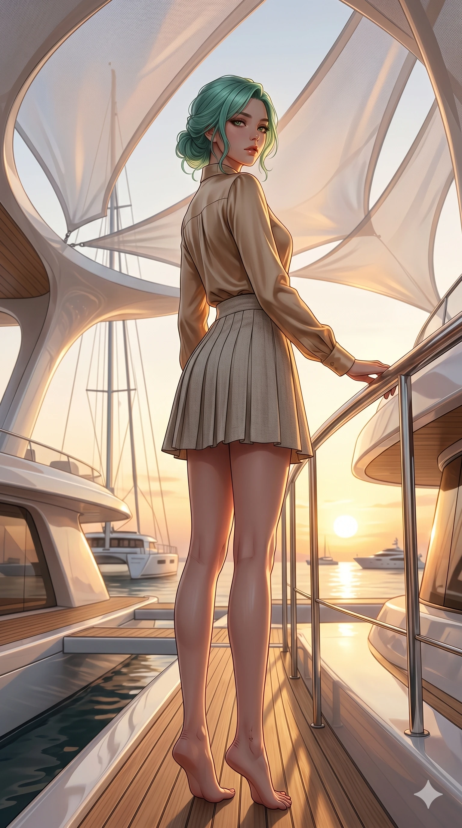 score_9, masterpiece, best quality, ultra-detailed, high-budget anime keyframe, editorial fashion photography, tasteful artistic composition, Japanese woman. low angle full-body shot from head to toe showing her feet, filling the entire 9:16 vertical frame with her statuesque presence, stretching her vertical silhouette. resting one hand on the catamaran railing, casting a slow, bedroom-eyes gaze over her shoulder inside an avant-garde beach pavilion with floating shade sails (Code-P19-047). She has an absolutely perfect 8-heads proportion, an exceptionally tall and slender female figure with impossibly long slender legs and an ultra-slim waist. V-shaped jawline, high-bridge nose, intricate jewel-like eyes with depth, thick eyelashes, glossy lips with a natural sheen. wearing a high-neck long-sleeved silk shirt under a high-waist pleated hemp skirt. warm golden light emanating from the setting sun, casting rich shadows on her face. 2k, ultra detail, master piece, 9:16 ratio
