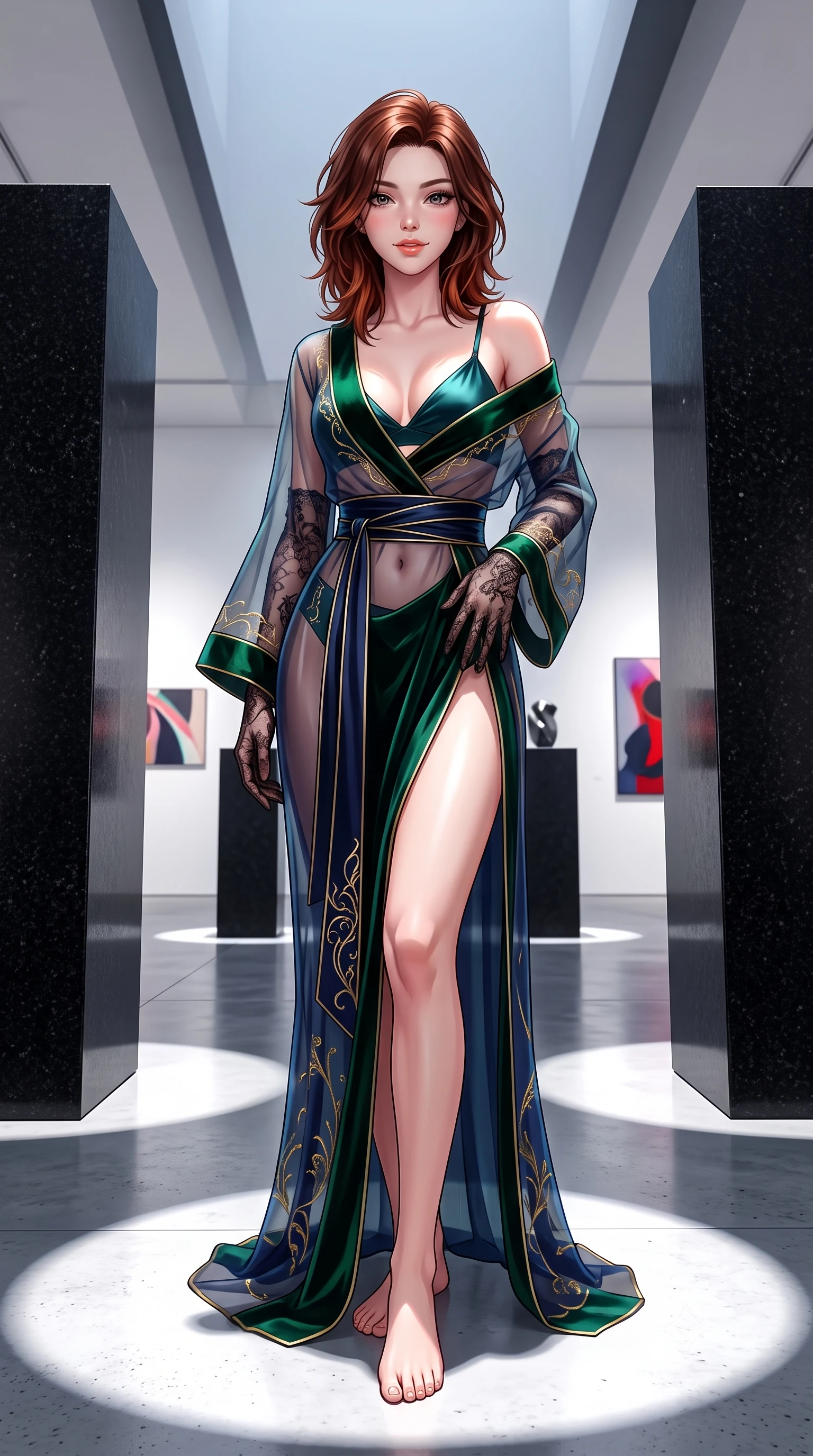 score_9, masterpiece, best quality, ultra-detailed, high-budget anime keyframe, semi-realistic 3D game render, editorial fashion photography, tasteful artistic composition, Korean woman. low angle full-body shot from head to toe showing her feet, filling the entire 9:16 vertical frame with her statuesque presence, stretching her vertical silhouette. lounging on the lavish daybed with legs crossed and hips angled toward the camera, displaying her toned midriff and long slender limbs with effortless siren poise while standing tall between towering black granite pedestals, arching her back with sovereign minimalist fashion authority. The surrounding environment is rendered in vivid detail and crisp panoramic clarity: detailed sheer illusion mesh gown inserts, gold jewelry glints, and contemporary exhibition space design in razor-sharp precision. She has an absolutely perfect, statuesque 8.5-heads proportion, an exceptionally tall and slender model-like female figure with impossibly long slender legs, an ultra-slim waist, a flat toned midriff, narrow delicate ribcage, and beautifully sculpted feminine hips creating a graceful, slim hourglass silhouette without any bulky heaviness. sharp v-shaped jawline, high-bridge nose, sparkling eyes with hypnotic seductive depth, thick curled eyelashes, glossy parted lips with a natural dewy peach sheen, alluring bedroom-eyes with an enchanting coquettish smile, exuding magnetic siren charisma and sophisticated glamour, flawlessly proportioned anatomical accuracy, strict slender model proportions, natural body alignment, perfectly sculpted long slender limbs, ultra-slim waistline, clean dynamic posture without body distortion. wearing a delicate sheer organza kimono-style architectural wrap slipping off bare shoulders over a matching satin bralette in deep emerald velvet and dark sapphire with gold filigree, crafted from fluid liquid silk satin that clings smoothly to every curve with a dewy sheen, complemented by sheer opera-length lace evening gloves tracing her slender arms, the high-slit wrap tailoring accentuating her ultra-slim waistline and the enchanting curve of her feminine hips with alluring seductive charm. bathed in dramatic spotlighting casting crisp geometric pooling circles of white light on the floor. highly saturated vibrant anime colors, detailed shading with soft gradients, rich glossy textures, high-contrast stereoscopic depth, volumetric dynamic lighting, master piece, 9:16 ratio