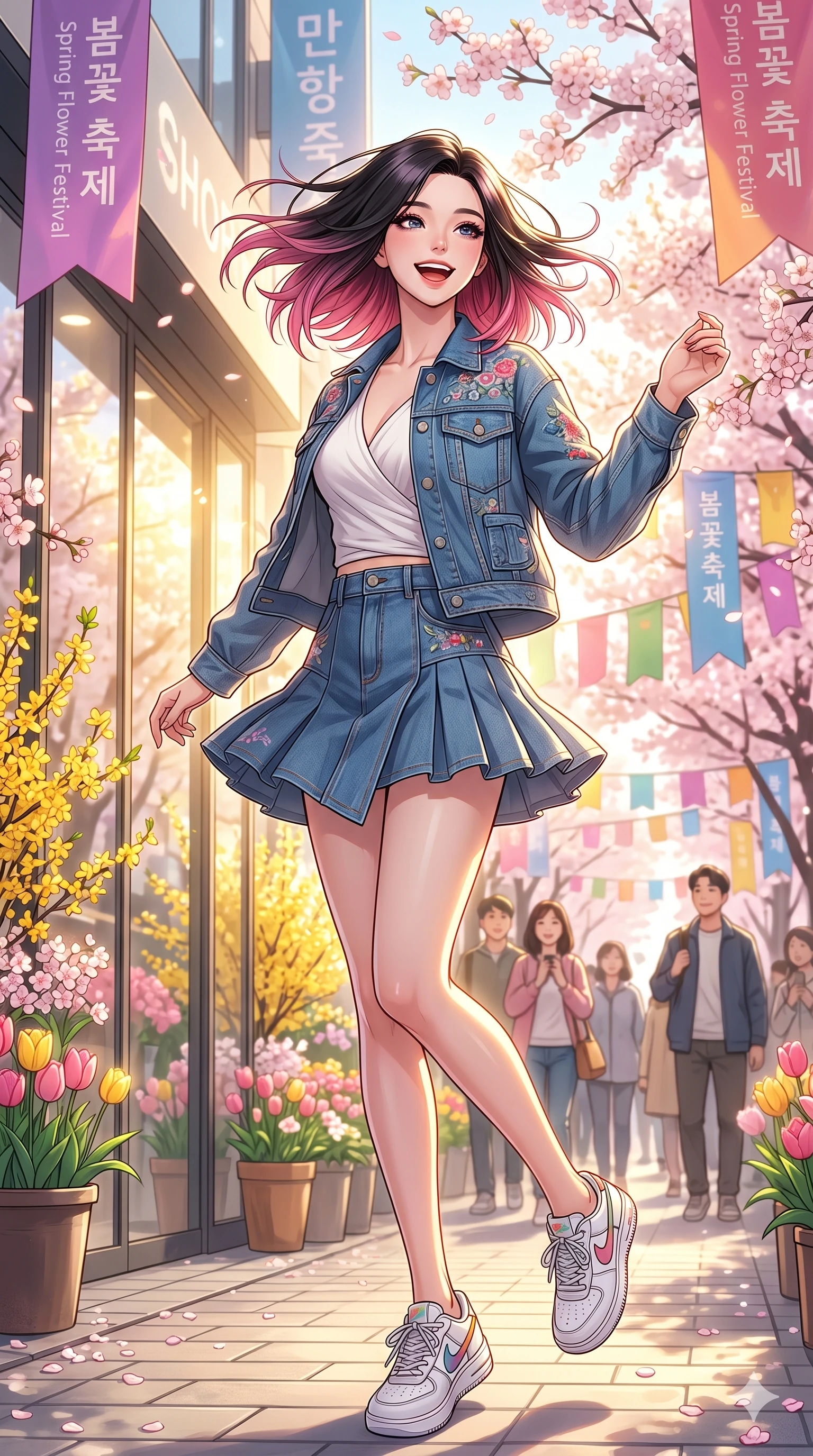 score_9, masterpiece, best quality, ultra-detailed, high-budget anime keyframe, vibrant anime aesthetic, Korean woman. low angle full-body shot from head to toe showing her feet, filling the entire 9:16 vertical frame with her statuesque presence, stretching her vertical silhouette. She is turning her head with a wind-swept laugh and a bright, cheerful expression by a vibrant spring flower festival street with colorful banners and bright sunlight (Code-P20-010). She has an absolutely perfect 8-heads proportion, an exceptionally tall and slender female figure with impossibly long slender legs and an ultra-slim waist. V-shaped jawline, high-bridge nose, intricate jewel-like eyes with depth, thick eyelashes, glossy lips with a natural sheen. wearing a modern fusion denim jacket over a cotton wrap top and denim skirt. She is bathed in bright morning sun reflecting off the glass panels, creating a glowing aura. 2k, ultra detail, master piece, 9:16 ratio