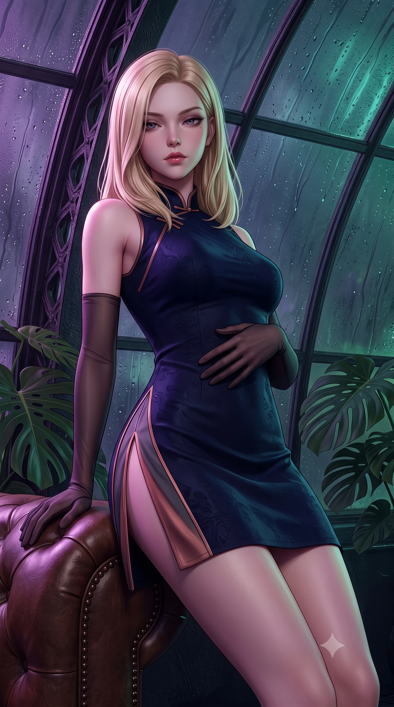 score_9, masterpiece, best quality, ultra-detailed, high-budget anime keyframe, semi-realistic 3D game render, editorial fashion photography, tasteful artistic composition, Korean woman. close-up cowboy shot from the waist and thighs up, the character dominates the composition, filling the frame with her large presence. leaning back against the leather lounge with relaxed seductive grace, one hand resting on her flat midriff as her narrow waist and curvy hips command the frame while leaning against a soaring cast-iron structural rib with hips cocked back, casting a smoldering bedroom-gaze through tropical night mist. The surrounding environment is rendered in vivid detail and crisp panoramic clarity. sharp wrought-iron framework texture, exotic monstera leaf edges, and glass condensation beads in deep focus. She has an exceptionally elegant, slender, and willowy female figure with an ultra-slim waist, flat toned midriff, narrow ribcage, and sculpted feminine hips creating an alluring, slim hourglass silhouette without bulk. sharp v-shaped jawline, high-bridge nose, intricate jewel-like dark sparkling eyes with dangerous depth, thick curled eyelashes, glossy parted lips with a rich wine sheen, smoldering seductive half-smile with bedroom-eyes, exuding effortless superiority and intoxicating dark allure, flawlessly proportioned anatomical accuracy, strict slender model proportions, natural body alignment, perfectly sculpted long slender limbs, ultra-slim waistline, clean dynamic posture without body distortion. wearing a modern tailored cheongsam mini dress in midnight navy jacquard silk with dramatic side hip slits in smoky charcoal slate and molten rose gold, tailored from fine lightweight midnight wool crepe with crisp architectural structure, complemented by sheer dark opera gloves reaching past her elbows, the form-contouring cut accentuating her sculpted flat midriff, narrow delicate ribcage, and gracefully curvy hips with sovereign high-fashion precision. bathed in moody ultraviolet and deep emerald ambient backlights filtering through soaring glass panes. highly saturated vibrant anime colors, detailed shading with soft gradients, rich glossy textures, high-contrast stereoscopic depth, volumetric dynamic lighting, master piece, 9:16 ratio