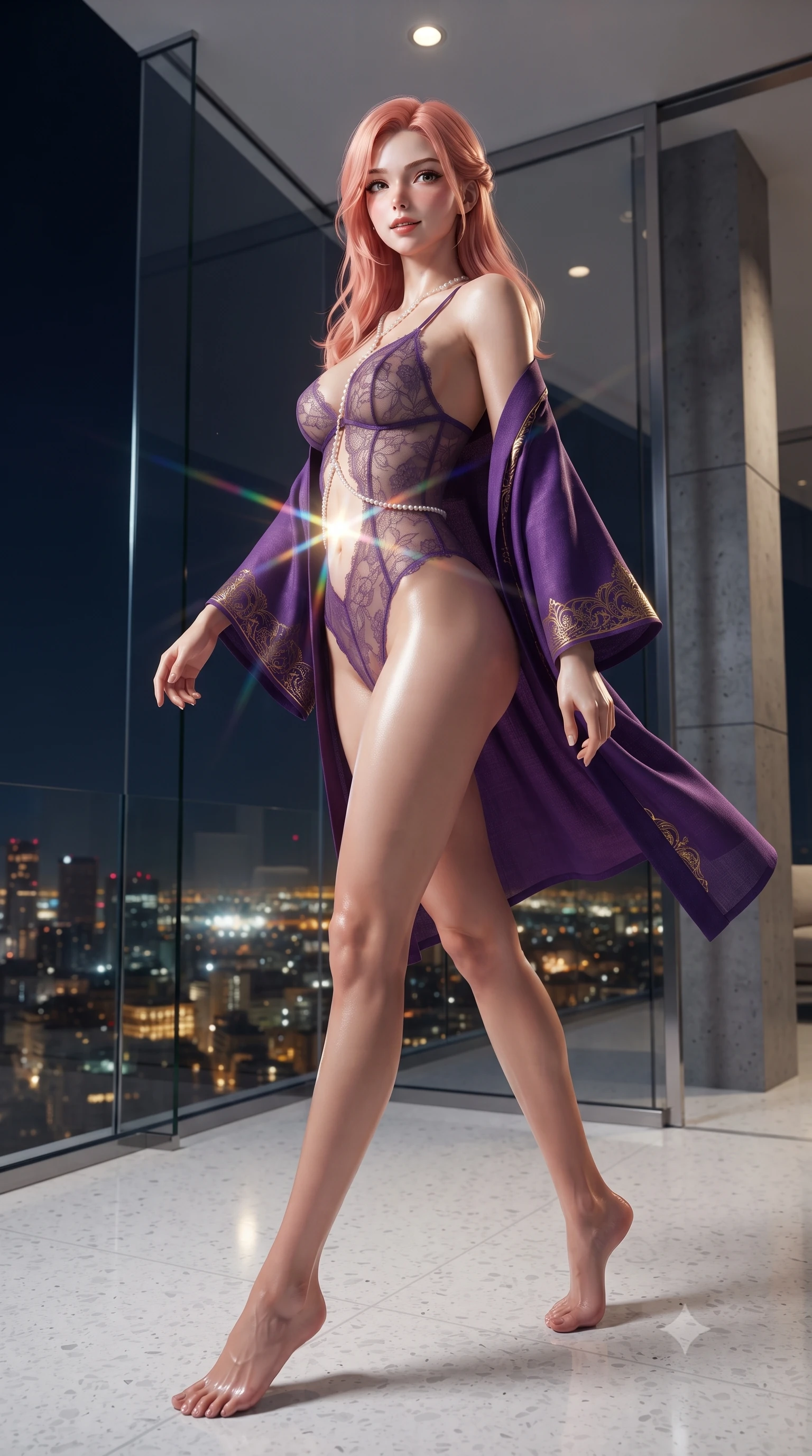 score_9, masterpiece, best quality, ultra-detailed, high-budget anime keyframe, editorial fashion photography, tasteful artistic composition, Japanese woman. low angle full-body shot from head to toe showing her feet, filling the entire 9:16 vertical frame with her statuesque presence, stretching her vertical silhouette. walking along the terrace with poise, looking back over her bare shoulder with an irresistible smoldering bedroom-gaze while twisting her slender torso in an alluring contrapposto stance on the white terrazzo floor, city lights casting prismatic flares across her flat midriff. The surrounding environment is rendered in vivid detail and crisp panoramic clarity: sharp frameless structural glass corner joins, honed concrete pillar textures, and polished white terrazzo floor in deep focus. She has an exceptionally tall and slender model-like 8.5-heads proportion, an ultra-slim waist, a flat toned midriff, narrow delicate ribcage, and beautifully sculpted feminine hips creating a graceful, slim hourglass silhouette without any bulky heaviness, with impossibly long slender legs. sharp v-shaped jawline, high-bridge nose, intricate jewel-like sparkling eyes with depth, thick eyelashes, glossy parted lips with a natural peach sheen, bright cheerful beaming smile with an enchanting and coquettish sensual glint, exuding both youthful cute charm and seductive allure, flawlessly proportioned anatomical accuracy, strict slender model proportions, natural body alignment, perfectly sculpted long slender limbs, ultra-slim waistline, clean dynamic posture without body distortion. wearing a delicate semi-sheer botanical lace teddy layered under an open lightweight linen kimono draped over bare shoulders in rich royal amethyst purple and gilded filigree, woven from fine semi-opaque stretch illusion mesh tracing her slender contours, accented with a pearl-drop body harness subtly framing her dewy collarbones and spine, the second-skin tailored fabric adhering flawlessly to her sculpted flat midriff and slender torso, emphasizing her long leg lines and perfectly proportioned willowy build. bathed in the breathtaking contrast of thousands of golden city lights below and dim 2800K recessed interior cove downlights. ultra-reflective glossy finish, specular highlights, rich textural contrasts, high-contrast stereoscopic depth, volumetric dynamic lighting, 2k, ultra detail, master piece, 9:16 ratio