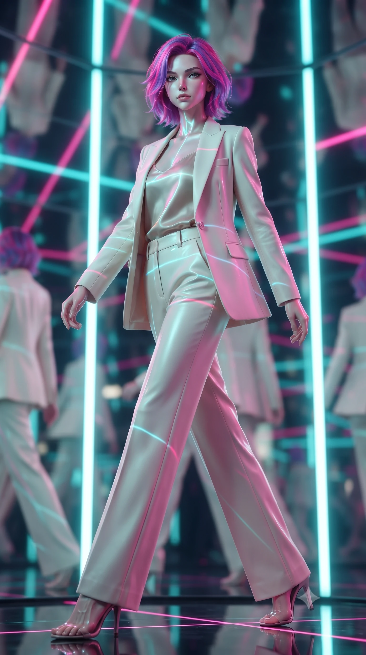 score_9, masterpiece, best quality, ultra-detailed, high-budget anime keyframe, editorial fashion photography, tasteful artistic composition, Caucasian woman woman. low angle full-body shot from head to toe showing her feet, filling the entire 9:16 vertical frame with her statuesque presence, stretching her vertical silhouette. She has an absolutely perfect, statuesque 8.5-heads proportion, an exceptionally tall and slender model-like female figure with impossibly long slender legs and an ultra-slim waist. stepping gracefully forward in a proud statuesque stride, her body turning in a fluid S-curve silhouette, flawlessly proportioned anatomical accuracy, natural body alignment, perfectly sculpted elegant limbs, clean dynamic posture without body distortion. set against a soft-focus background of a reflective mirror chamber with rotating LED light pillars. wearing a tailored cream wool blazer over an oatmeal silk camisole and wide-leg trousers. illuminated by shifting cyan and hot pink neon laser gridlines casting specular highlights. ultra-reflective glossy finish, specular highlights, metallic sheen, high-contrast stereoscopic depth, volumetric dynamic lighting, 2k, ultra detail, master piece, 9:16 ratio