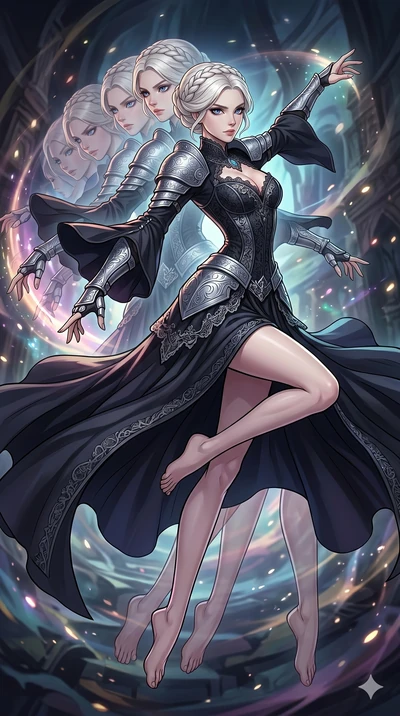 score_9, masterpiece, best quality, ultra-detailed, high-budget anime movie keyframe, cinematic anime lighting, intricate line art, Japanese woman. Mid-air action shot capturing a graceful twist and vertical silhouette. manipulating the flow of time,
